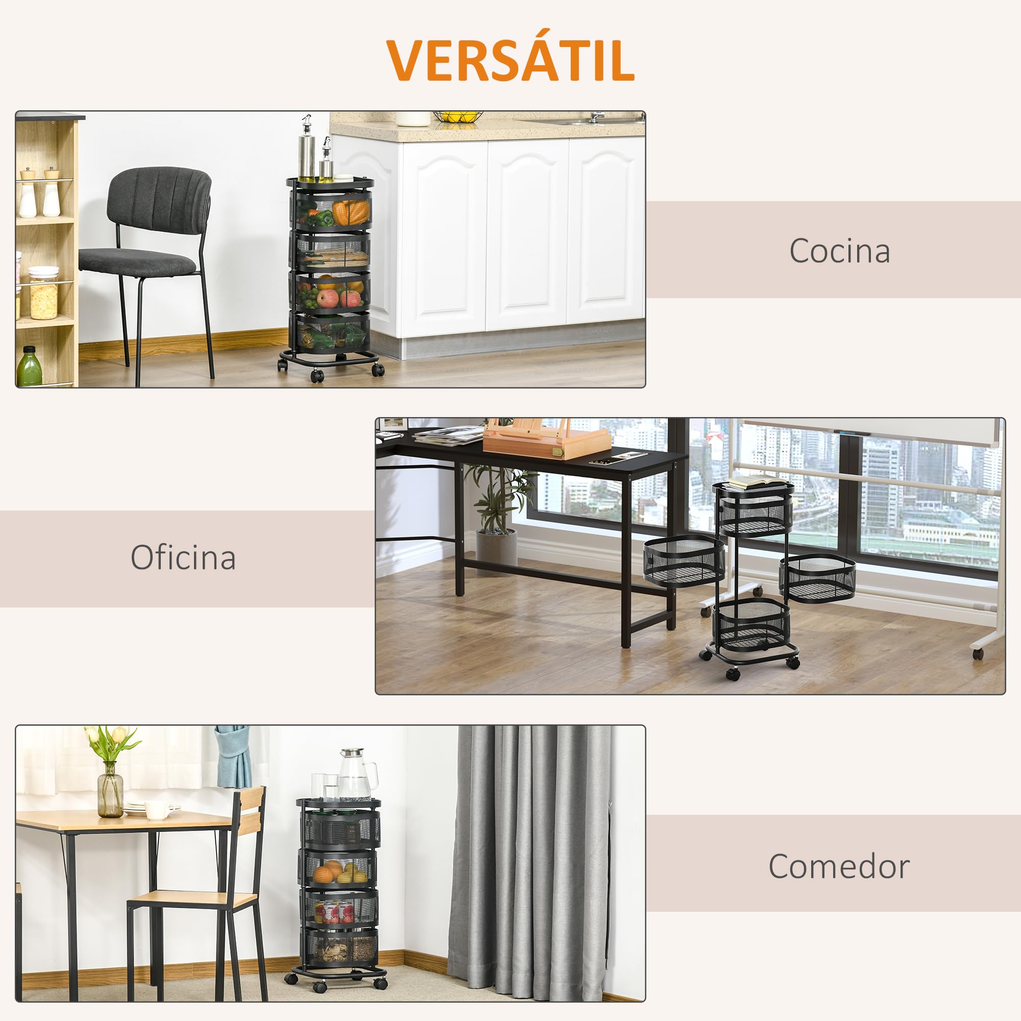 HOMCOM Carrito Auxiliar con Ruedas de 5 Niveles, Carrito de Cocina con 4 Cestas de Almacenamiento Giratorias 270° y Bandeja Superior, para Frutas, Verduras, Utensilios, 33x33x77 cm, Negro