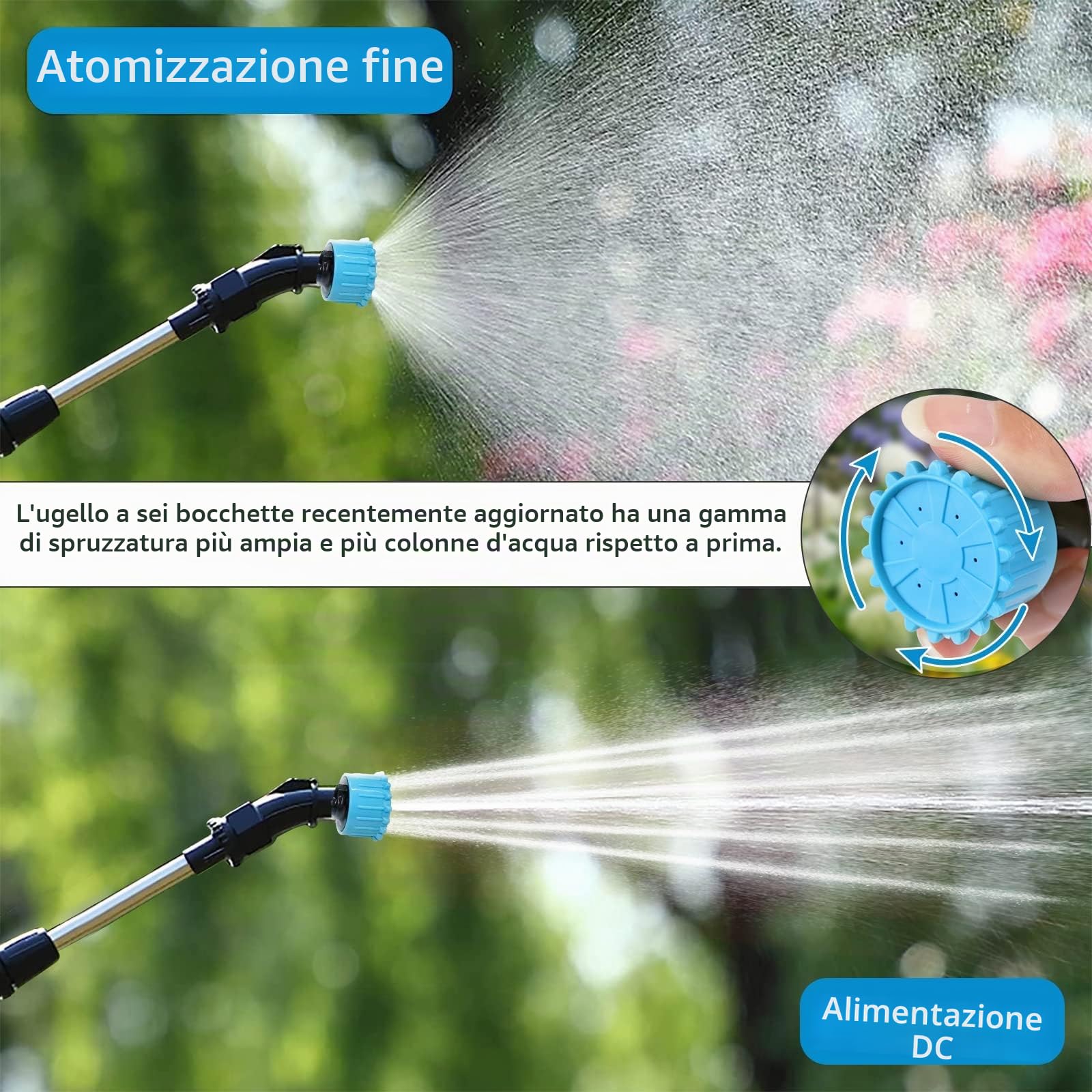 Pompa Irroratrice a Batteria 5Litri, 7.4V/2.4Ah Spruzzatore a Pressione Elettrico, Nebulizzatore Piante con 3 Ugelli Multifunzionale, Spruzzino Nebulizzatore Acqua Retrattile per Irrigazione