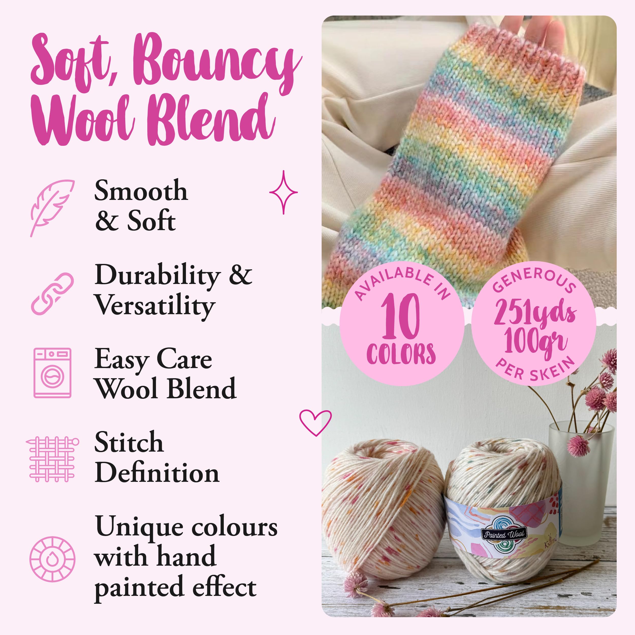 KnitPal Bemaltes Wollgarn zum Stricken, 30 % Wolle und 70 % Acryl-Acryl-Wollmischgarn, buntes Garn zum Häkeln mit handgemaltem Look, 3 DK-Gewicht, 3 Knäuel, 300 g, blühende Glühwürmchen