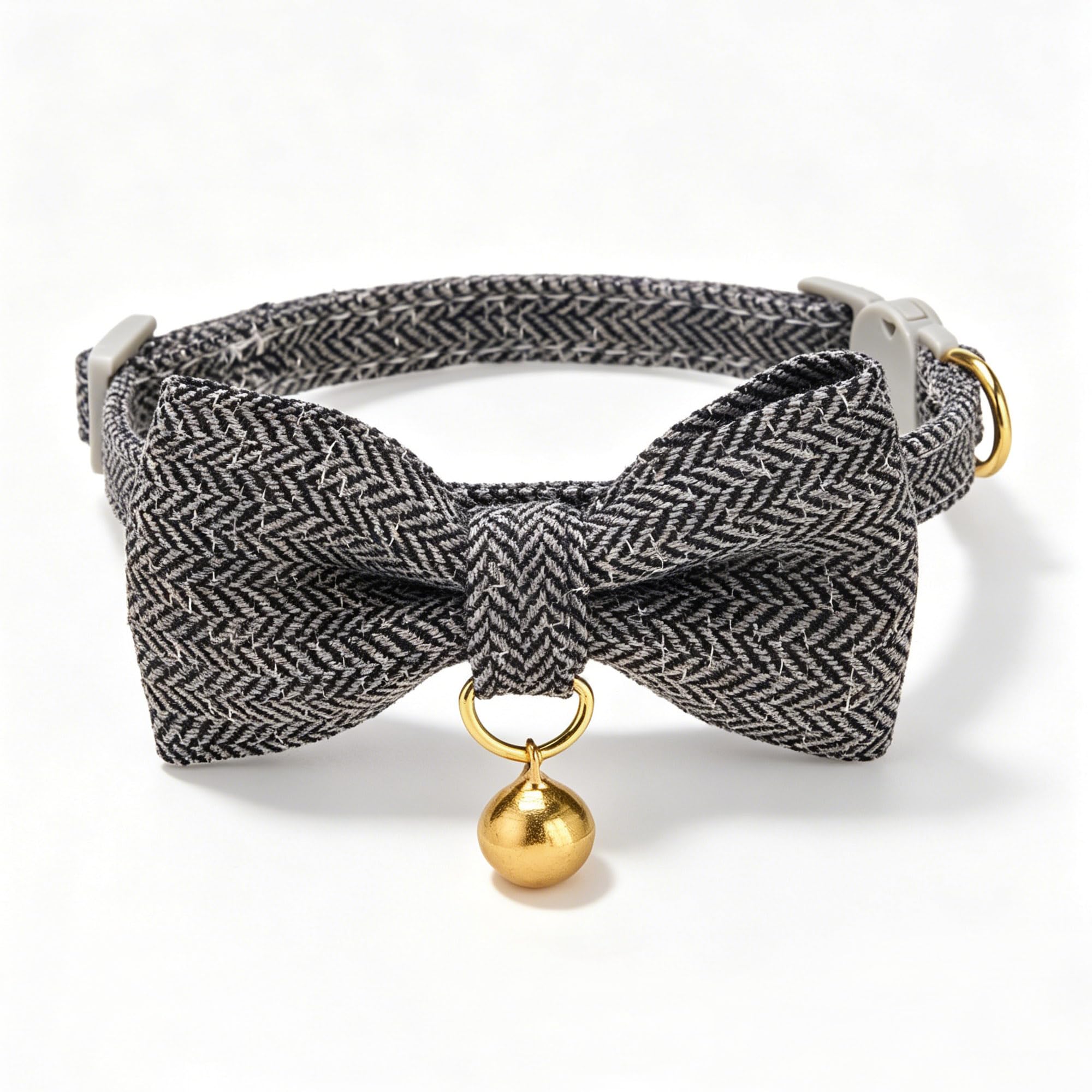 YUDOTE Cat Collar with Bow Tie, Charcoal Grey Herringbone Breakaway Cat Collar with Bell, Adjustable Safety Kitten Collar for Cats, Stylish Fabric Pet Neckwear(CHGR,TW)