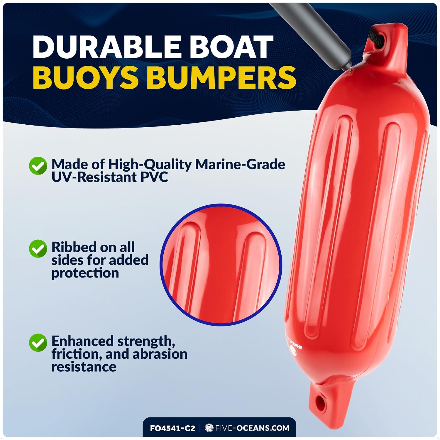Five Oceans Twin Eye Ribbed Boat Fender Kit, Inflatable Boat Bumpers for Docking with Fender Lines 3/8-Inch x 5Ft, Multiple Size