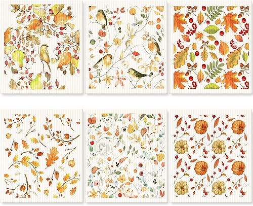 6 paños de cocina suecos de otoño, paños de cocina de Acción de Gracias, paños de limpieza de esponja reutilizables, paños de limpieza absorbentes,