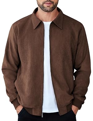 COOFANDY Mens Casual Suede Bomber Jacket Lightweight Full Zip Up Jackets Vintage Faux Leather Jacket
