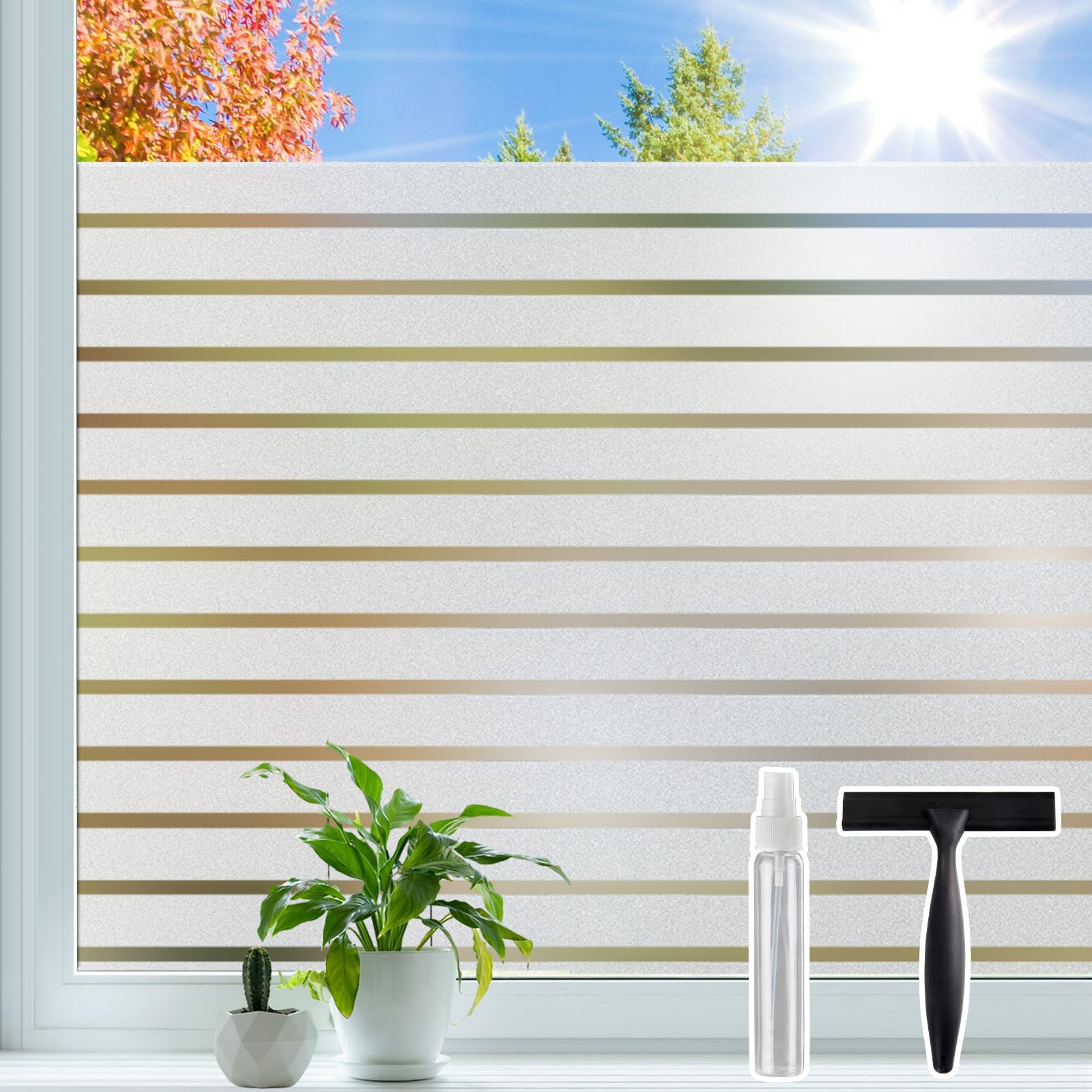 Lifetree Window Film Privacy 90 x 200 cm, Frosted Static Cling Stripe Pattern Film for Glass Windows, No Glue Removable Glass Sticker, UV Blocking Anti-Glare, for Home Office Bathroom