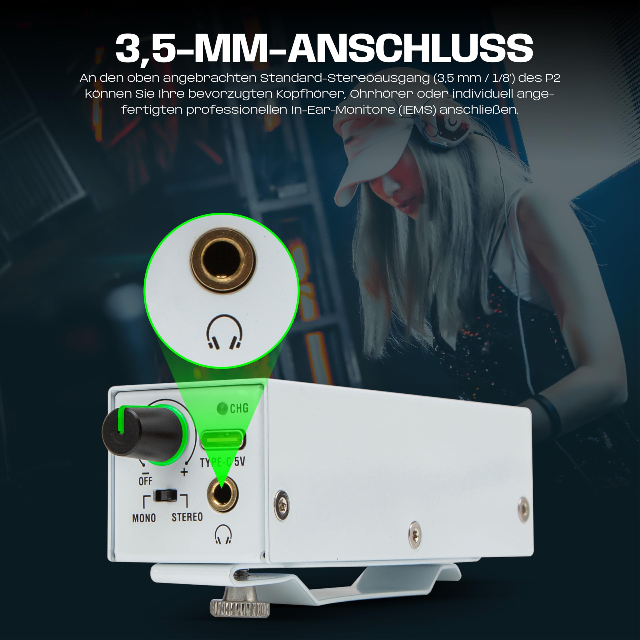 Bolanle P2 PRO In-Ear Monitoring Verstärker USB-C, XLR/TRS Eingang mit Verriegelung, 3,5 mm Ausgang, Stereo/Mono Schalter, 7-Farben LED für Musiker