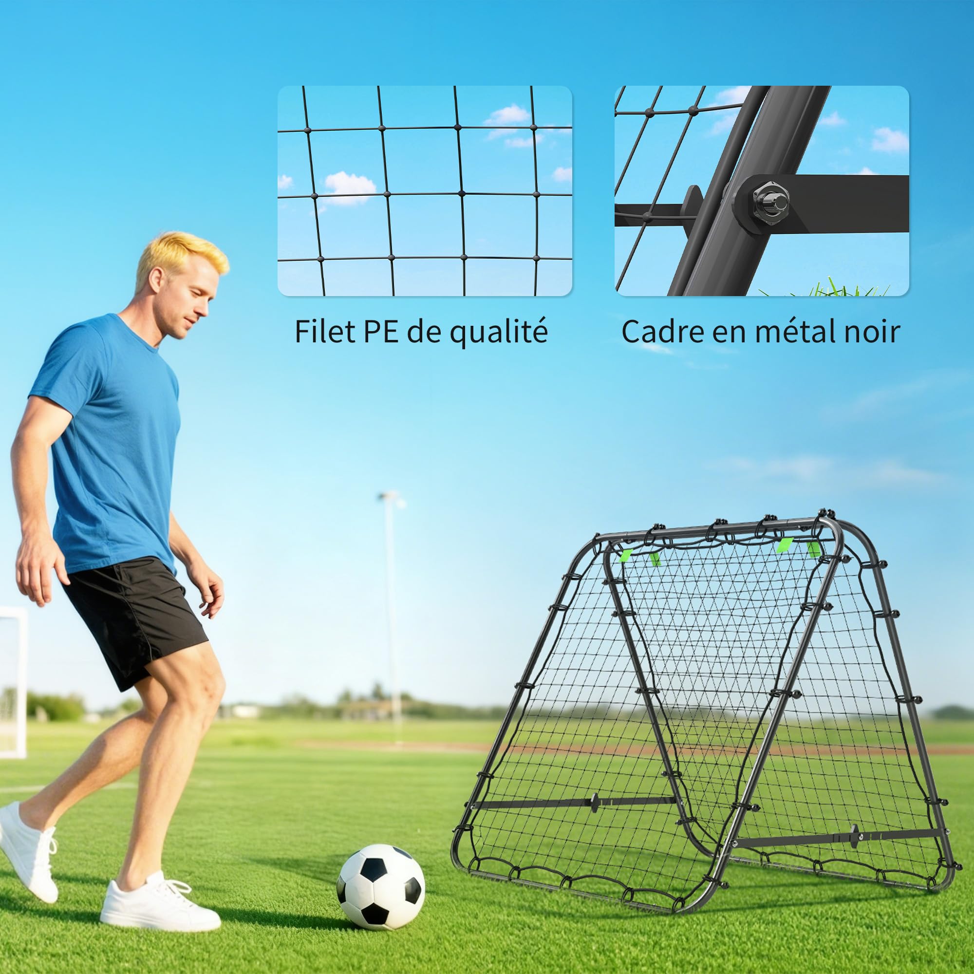 HOMCOM Filet de Rebond Double Face 91 x 91 cm, Filet de Rebond Football Pliable, rebondisseur pour entraînement Football, réglable dans 5 Angles, Structure en Acier