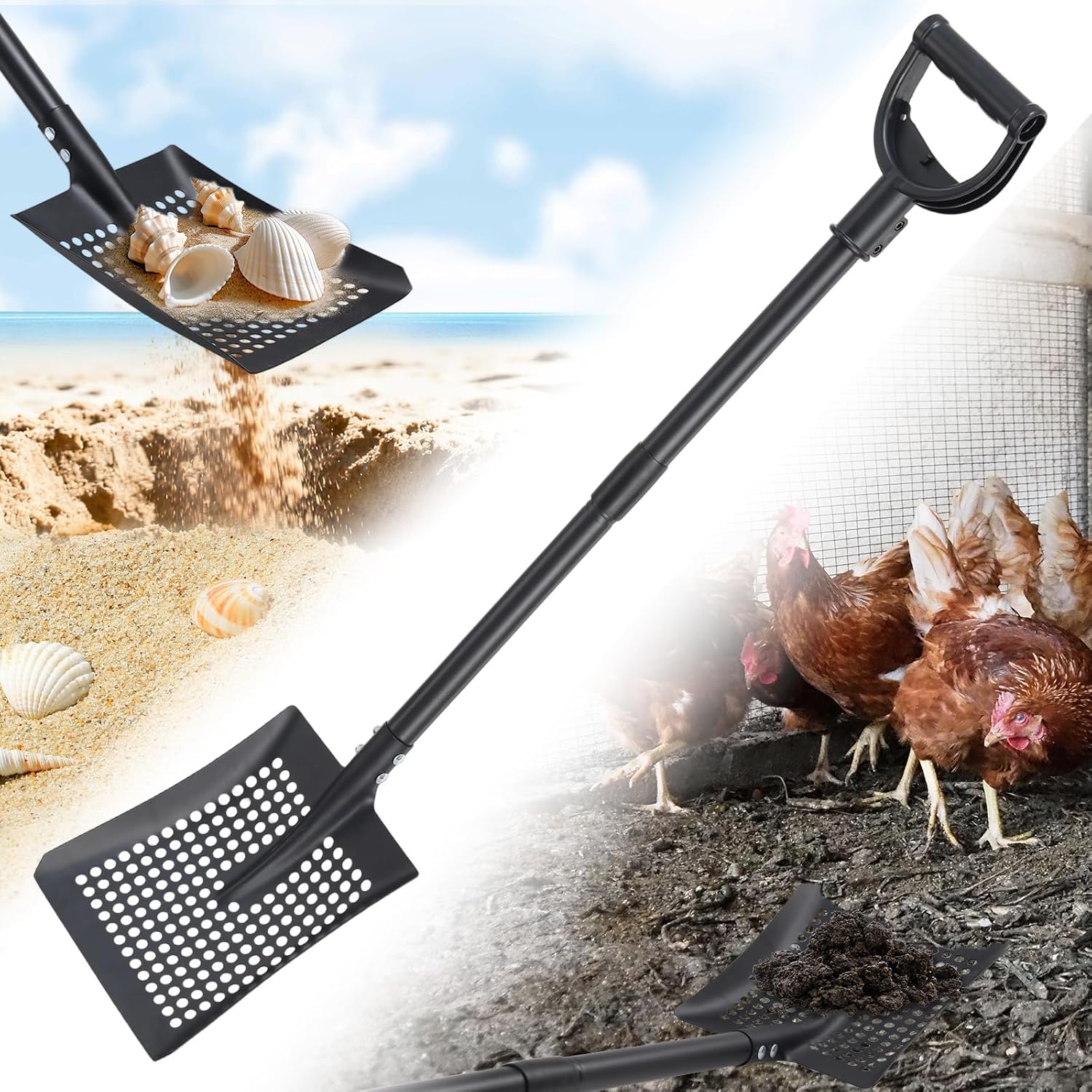 Beach Sifter Sand Scoop for Treasure Hunting, 47" Adjustable Metal Sand Sifter Shovel with Comfort Grip, High Sides for Shells & Relics