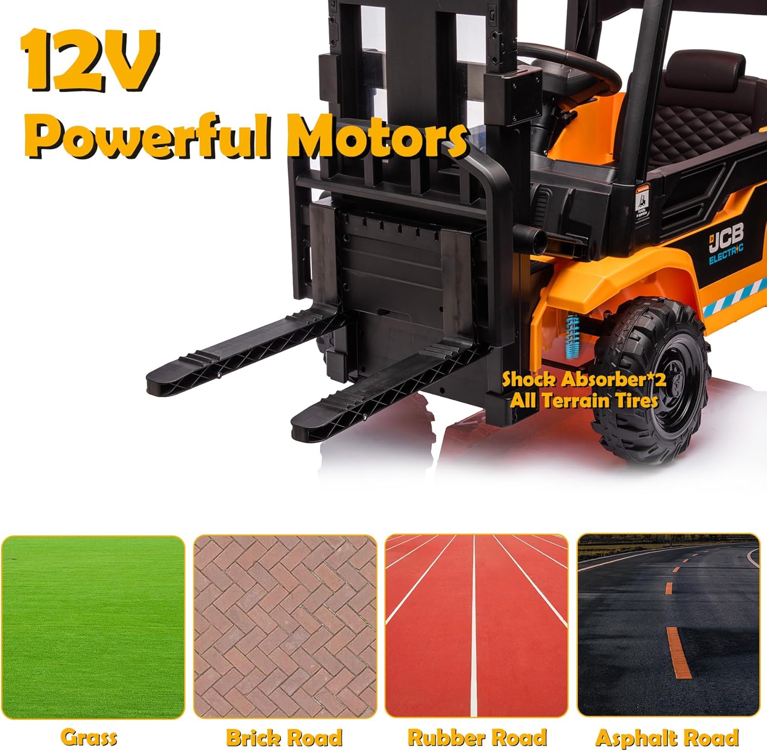 12V Forklift Ride on Car, Licensed JCB Battery Powered Electric Ride On Construction Car for Kids with Electric Liftable Fork, Remote Control, Spring Suspension, Yellow