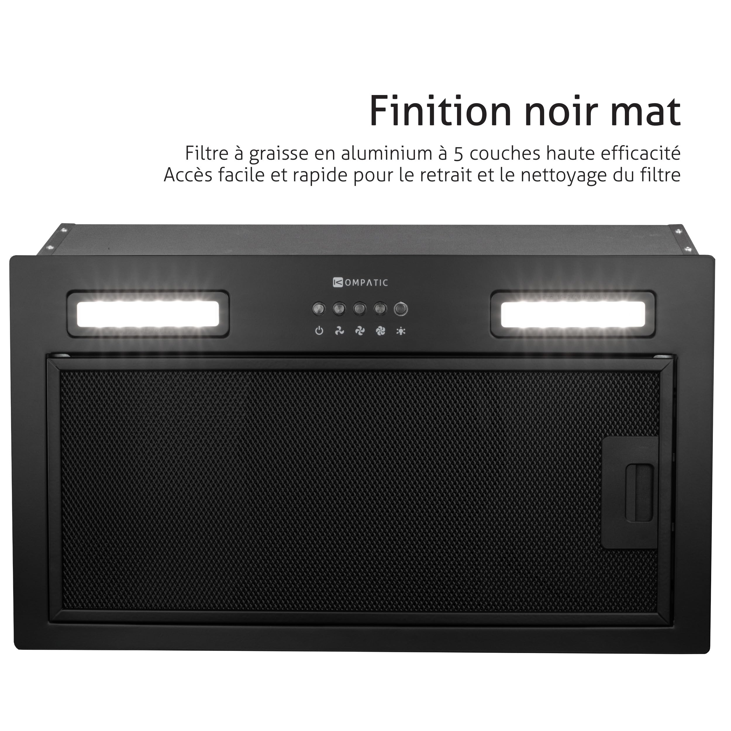 Lane 50 KLN50BI Hotte Aspirante Encastrable 50cm, A+++, Filtres à Charbon inclus KCF4, Minuterie, Contrôle électronique, 450 m³/h, LED, 3 vitesses + boost, Evacuation/Recyclage, Noir