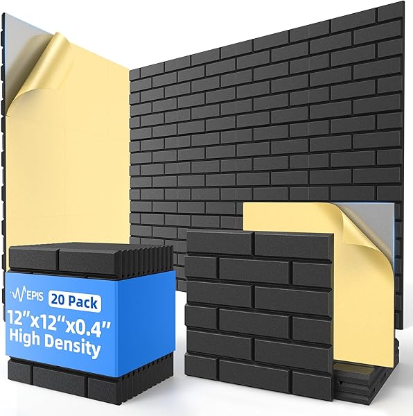 20 Pack Acoustic Panels with Self Adhesive, 12" X 12" X 0.4" High Density Sound Proof Foam Panels for Walls, Soundproof Wall Panels, Brick Sound Absorbing Panels for Home Studio Office Decor - Black