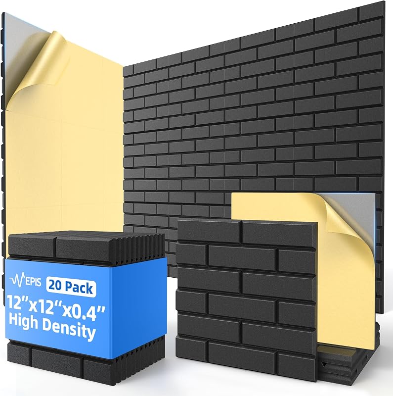 Paquete de 20 paneles acústicos con paneles de espuma autoadhesivos a prueba de sonido para pared | Paneles de pared insonorizados de alta densidad de 12 "X 12" X 0,4 ", paneles absorbentes de sonido de ladrillo para decoración de oficina de estudio en casa - negro