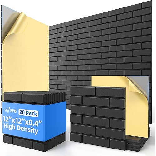 20 Pack Acoustic Panels with Self Adhesive, 12" X 12" X 0.4" High Density Sound Proof Foam Panels for Walls, Soundproof Wall Panels, Brick Sound Absorbing Panels for Home Studio Office Decor - Black