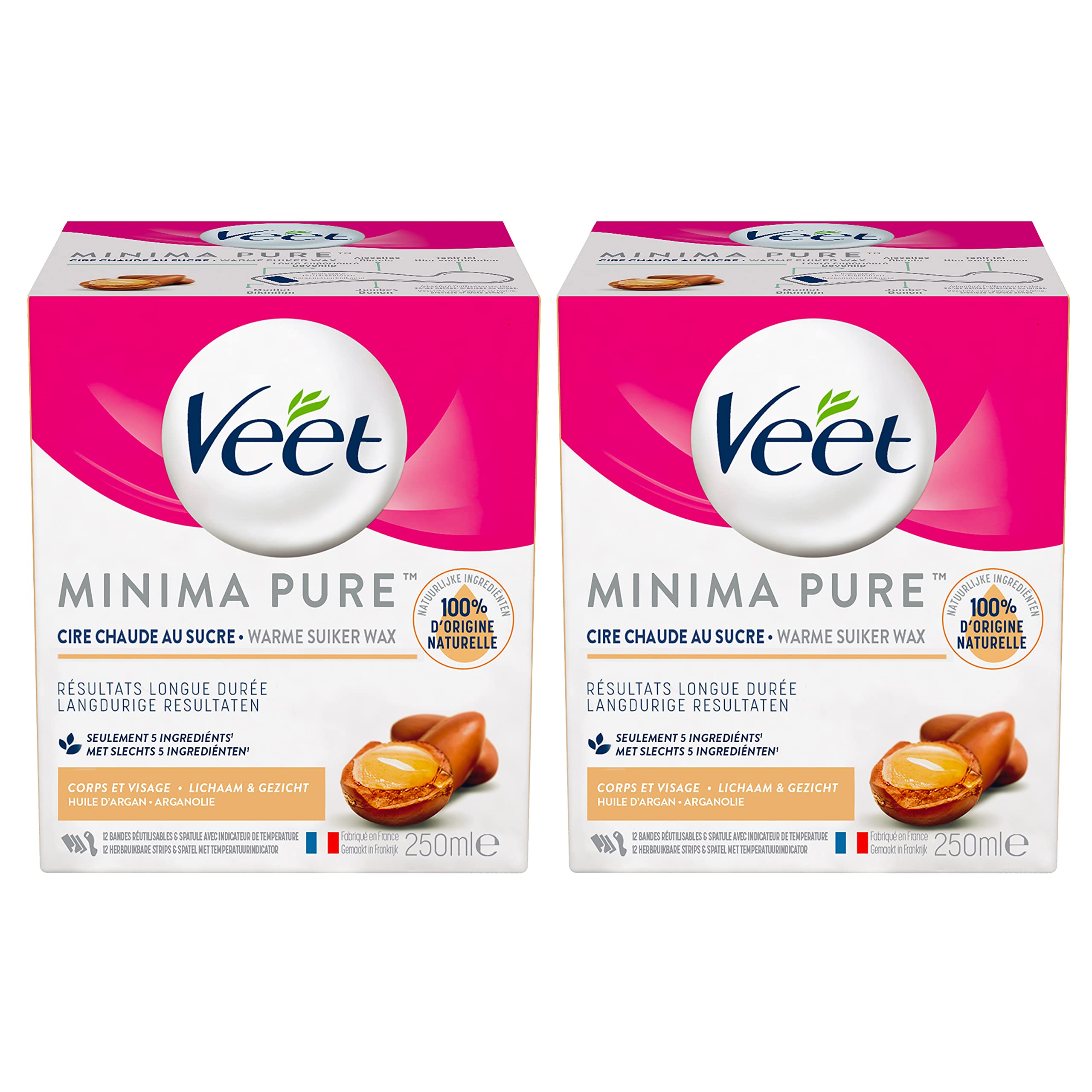 Veet Cera allo zucchero Minima - 100% di ingredienti di origine naturale per una morbidezza a lunga durata, olio di Argan (set di 2)
