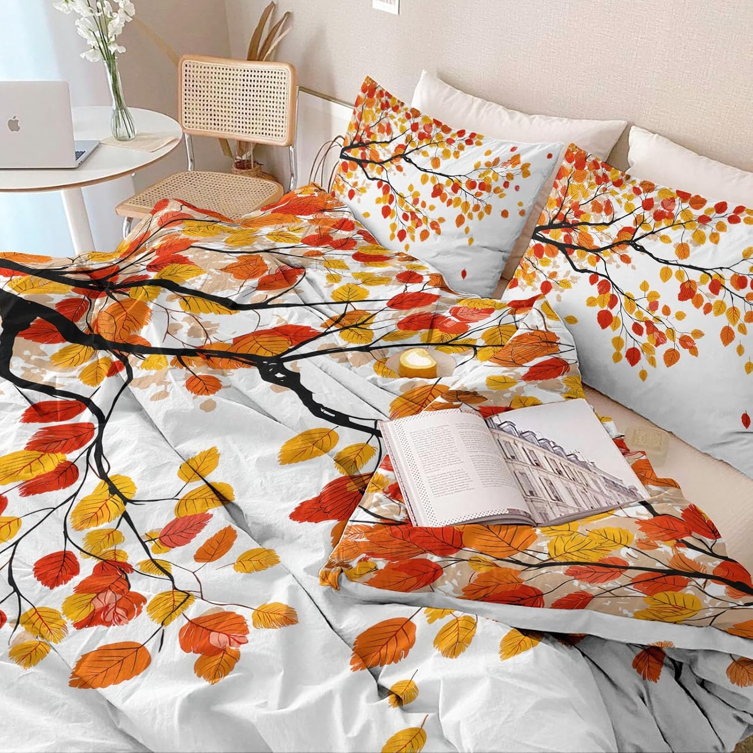 Duvet Cover Sets Cartoon Tree Branches Fallen Leaves Reversible Bedding Printed Sets, Full Size 80"x90" Bedding for Kids Boys Girls Adult, Quilt Cover with Zipper Closure 4 Ties, Orange Color