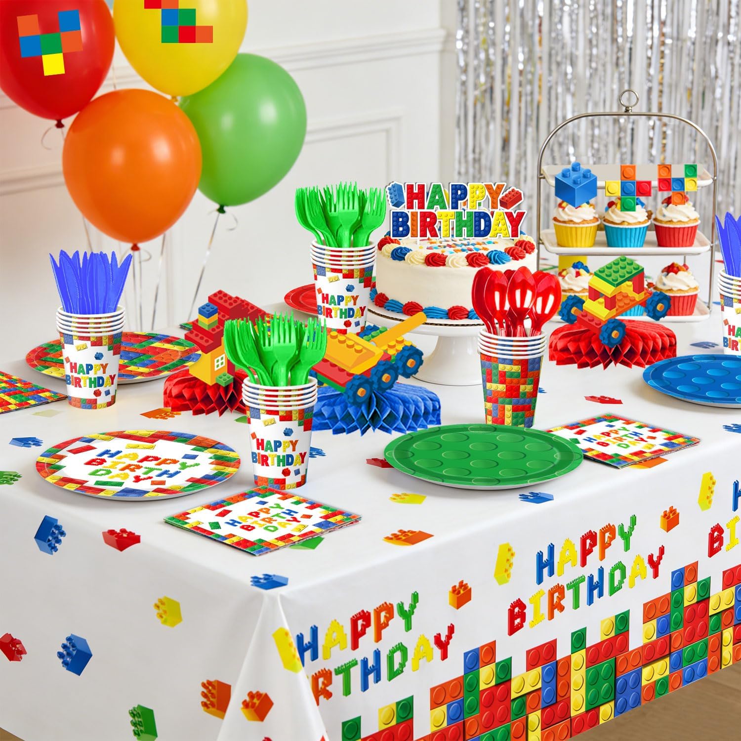 Building Block Birthday Decorations, Colorful Building Block Plates, Napkins, Cups, Tablecloth, Banner, Hanging Swirls, Balloons, Honeycomb Centerpieces for Kids’ Birthday Party, Serves 24