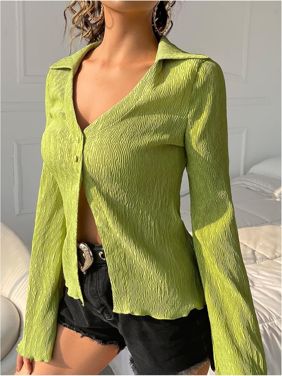 SHENHE Women's Bell Long Sleeve V Neck Button Front Blouse Collared Dressy Going Out Top Shirt - Image 4