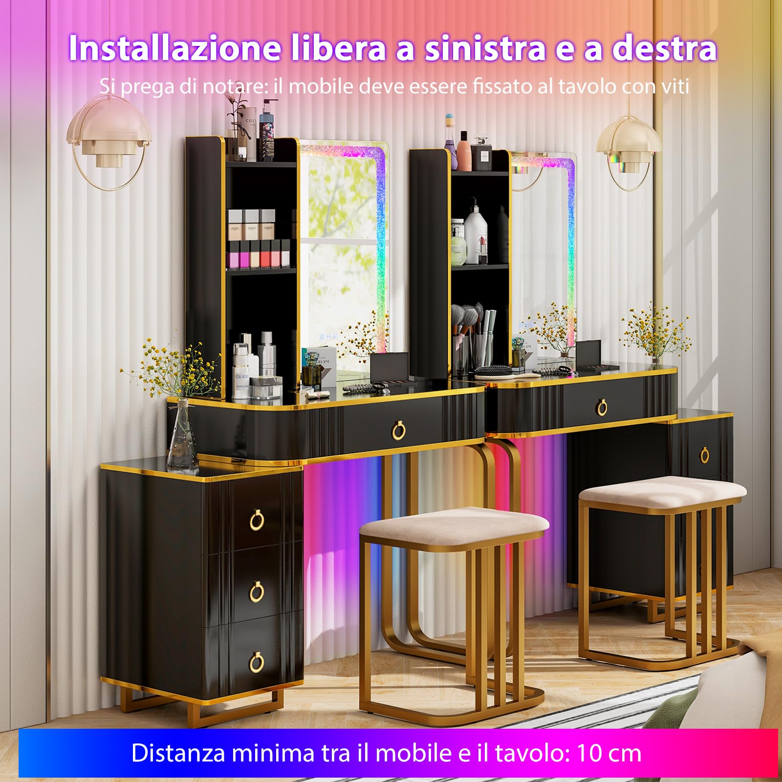 COSTWAY Toeletta da Trucco con Luci, Set Tavolo da Trucco con Sgabello 4 Cassetti, 7 Colori Regolabili di Luce, Porte USB, Telecomando, per Soggiorno Camera da Letto (Nero)