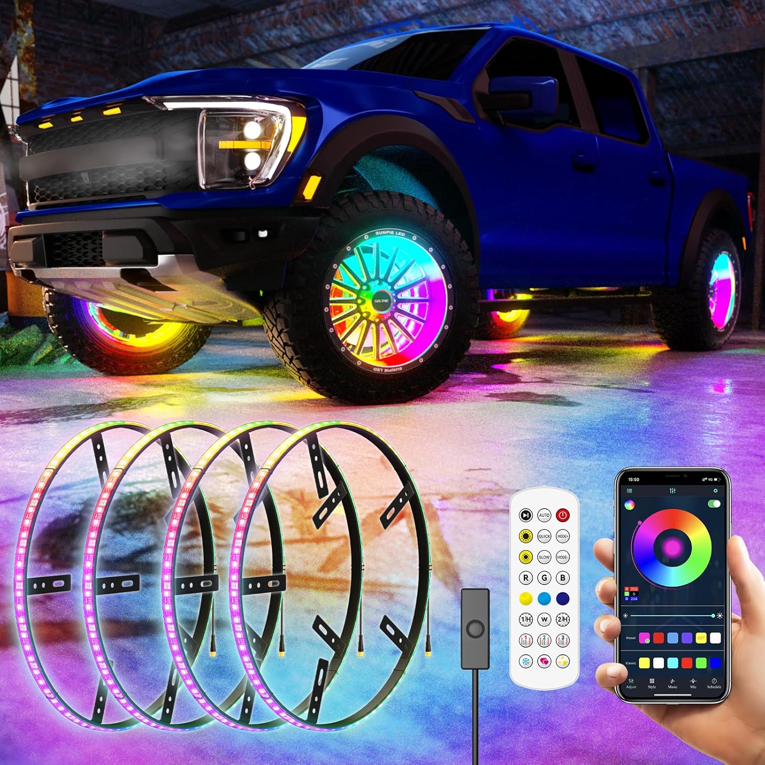 SUNPIE RGB Wheel Lights for Truck 14.5inch Wheel Well Light with Sequential