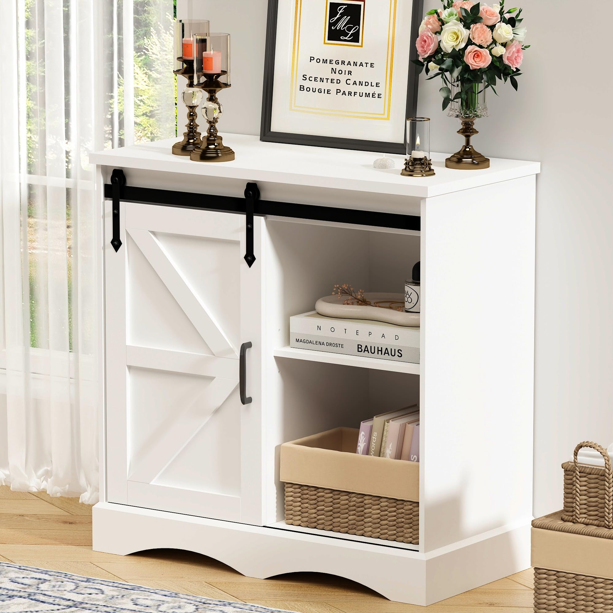 Farmhouse Coffee Bar Cabinet, White Buffet Storage Cabinet with Sliding Barn Door, 31.5" Kitchen Sideboard Accent Cabinet with Adjustable Shelf for Dining Room Living Room Entryway, White