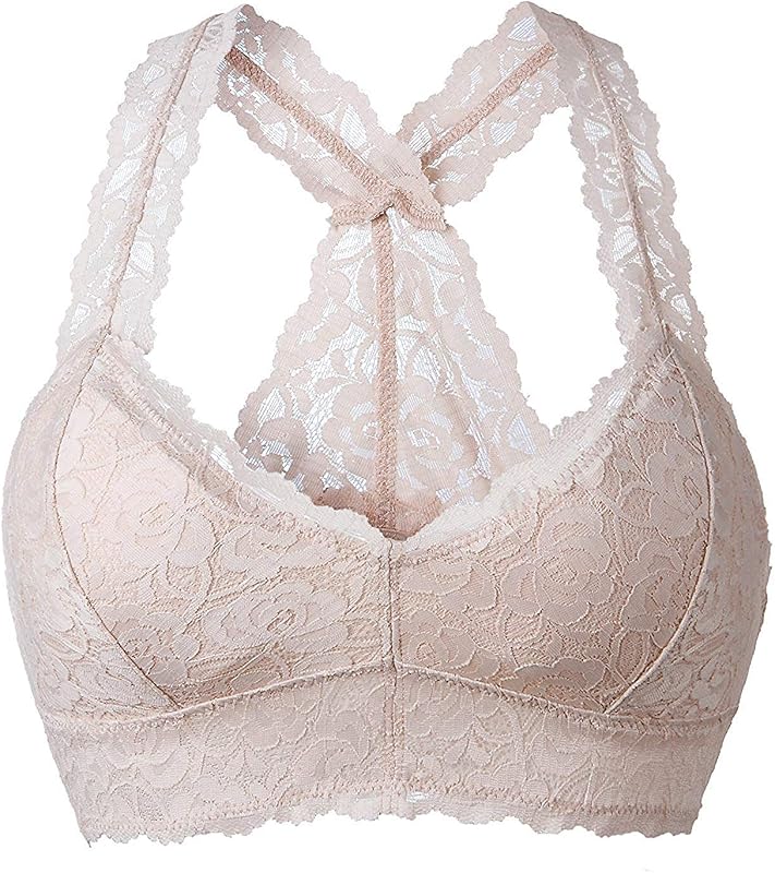 YIANNA Women Lace Bralette Padded Sexy Wirefree Racerback Lace Bra Crop Top | Comfortable,Breathable Floral Lace Lingerie,Soft Stretch,Light Support,V Neck Everyday Bra