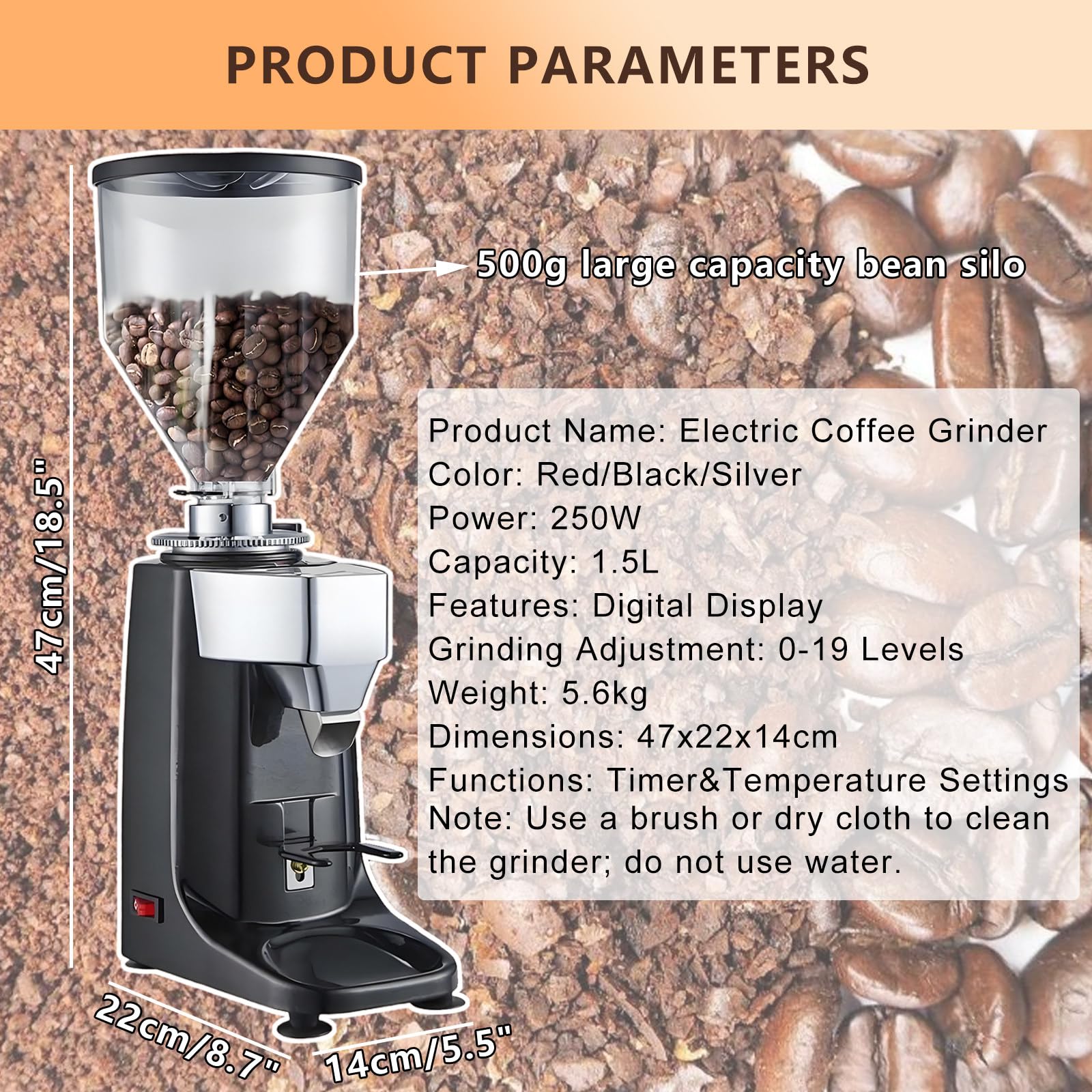 Elektryczny MłYnek Do Kawy Espresso O PojemnośCi 1500 Ml – 19 Precyzyjnych Ustawień Mielenia,Regulacja Na Jedną/Dwie FiliżAnki,WyśWietlacz Temperatury,Timer Red