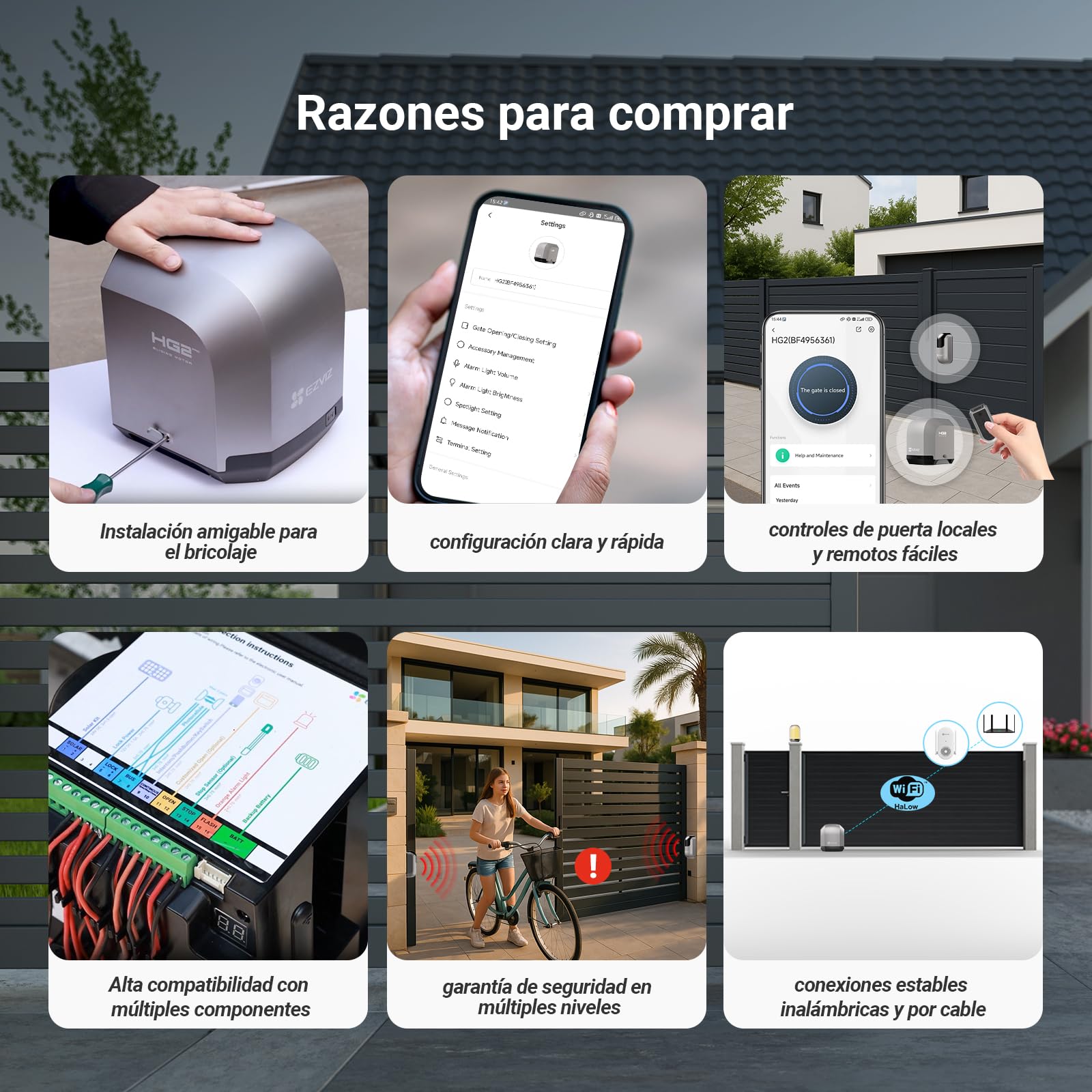 EZVIZ Motor Puertas Correderas Exterior 400 kg, con 4 Metros Cremallera de Nailon y Acero, Dos Mandos a distancia, una Luz de Alarma, Wi-Fi/Bluetooth, Instalación de dos cables, Impermeable, HG2 400