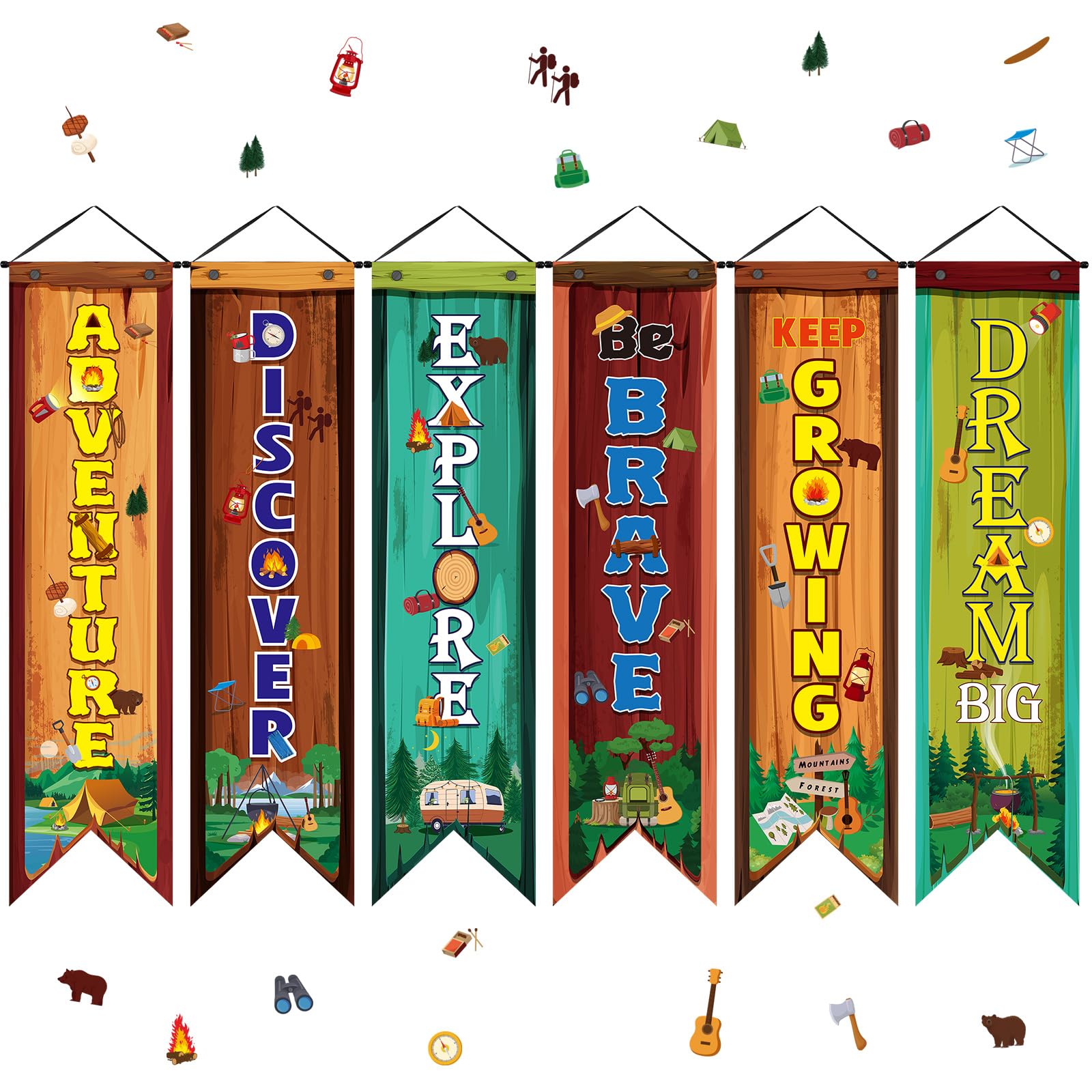 Chiisong 6 Pieces Camper Party Decorations Adventure Discover Explore Porch Signs Camping Hanging Backdrops for Indoor Outdoor Home Bar Birthday Photo Props Door Wall Party Decor Supplies