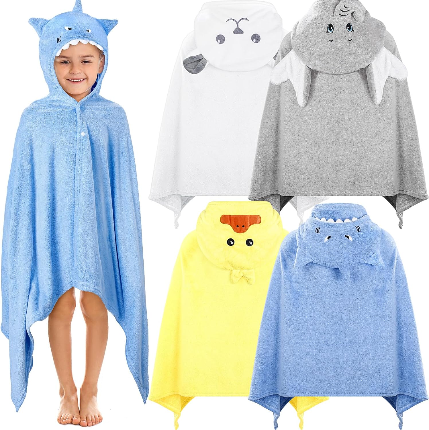 Preboun 4 Pcs Kids Hooded Bath Towel Set 55'' x 27.5 Large Hooded Towel for 3-10 Boy Girl Bath Wrap(Blue, White, Gray, Yellow,Beluga Whale, Bear, Elephant, Duck)