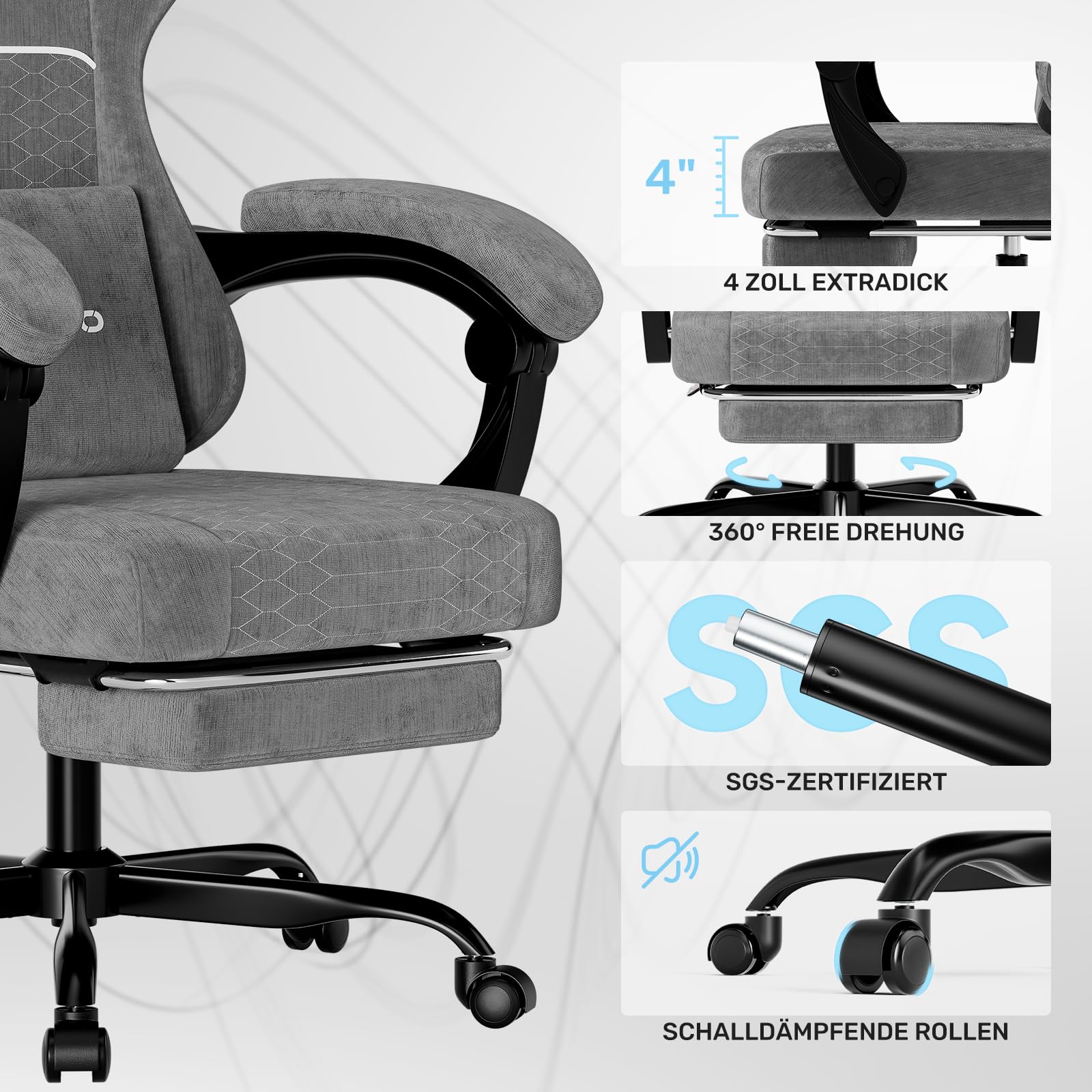 Gaming Stuhl Ergonomisch Gaming Chair für Büro&Computer Stoff Grau | Mit Fußstütze Nackenkissen Lendenmassagekissen, Höhenverstellbar, Abriebfeste atmungsaktive, Tragkraft bis 150 kg