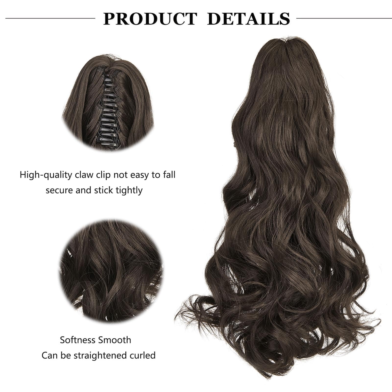 Cybelleza Ponytail Extension Curly Wavy Claw Jaw Pony Tail 18" One Piece Clip in Hair Extensions Ponytail Hairpiece Synthetic Long Natural for Women Medium Brown - Image 2