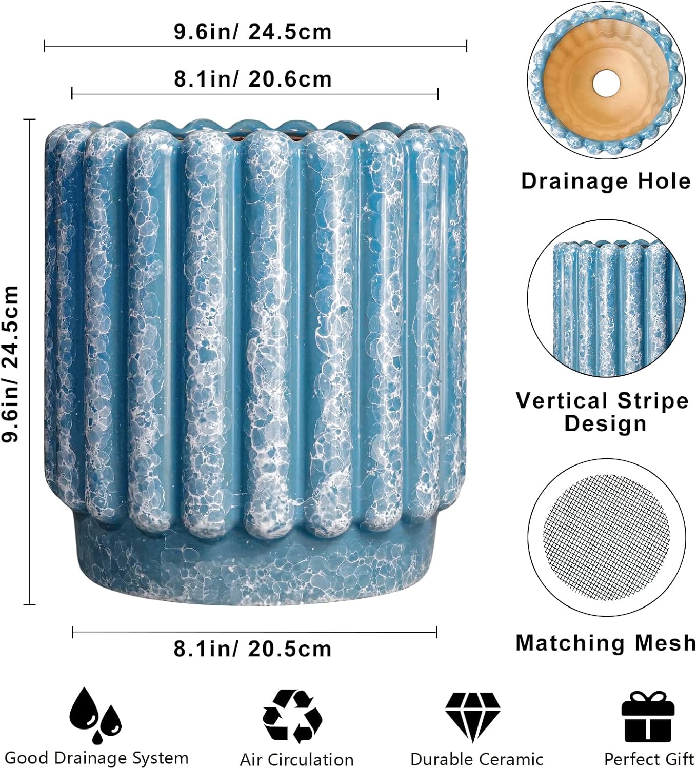 Ceramicfor Ceramic Planter for Indoor Plants - 9.6 Inch Ceramic Plant Pots with Drainage Hole, Large Flower Pots Outdoor, Fluted Decorative Round Planter, Front Door Decor, Housewarming Gifts, Blue