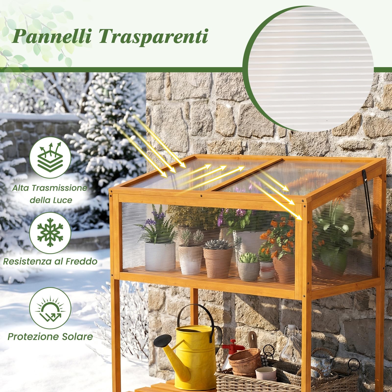 COSTWAY Mini Serra in Legno con Tetto Trasparente Apribile e Mensola a Doghe, Mini Serra Salvaspazio da Interno ed Esterno per Giardino, Veranda e Balcone, 90 x 50,5 x 105 cm