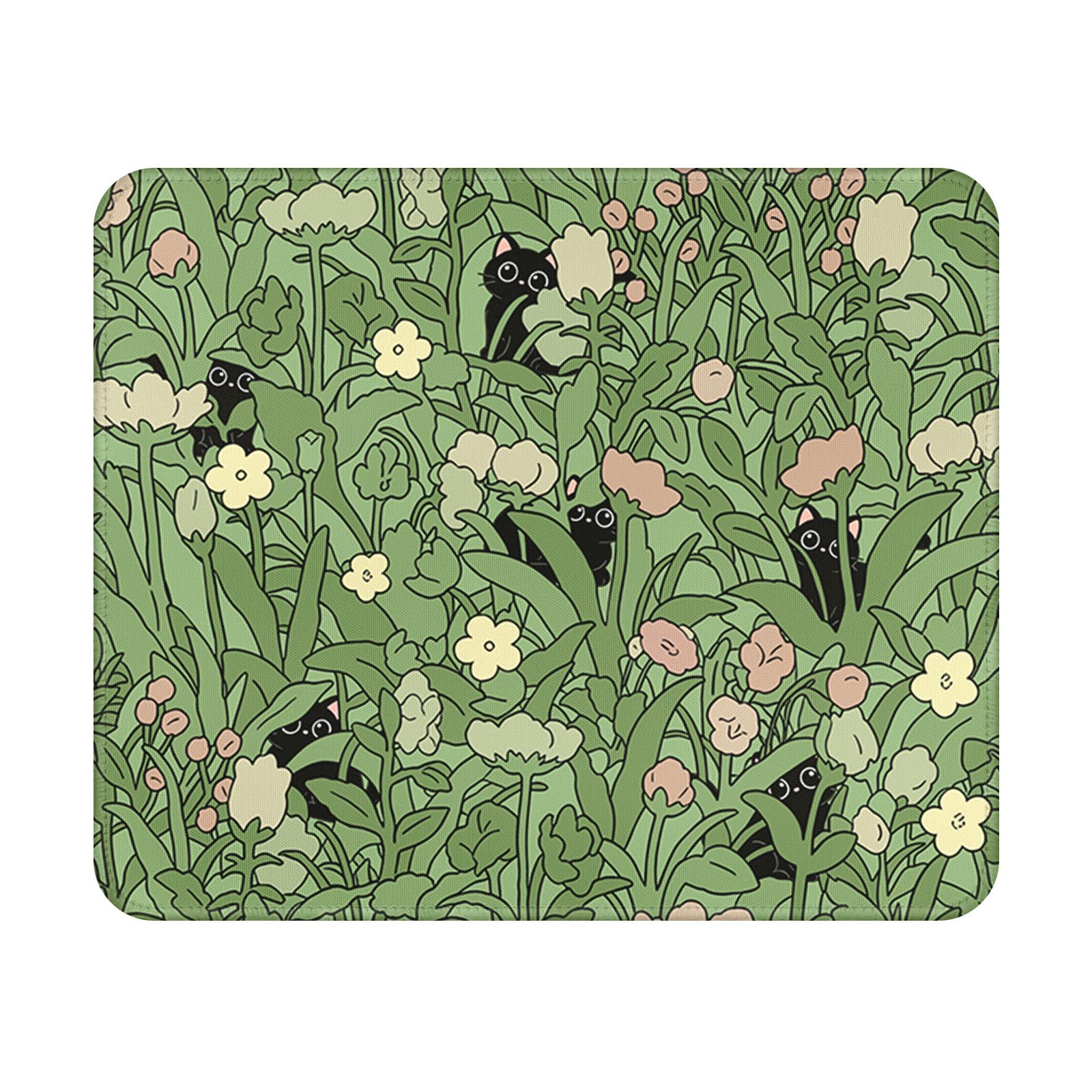 Floral Black Cat Mouse Pad 9.5x7.9 Inch with Anti-Slip Rubber Base