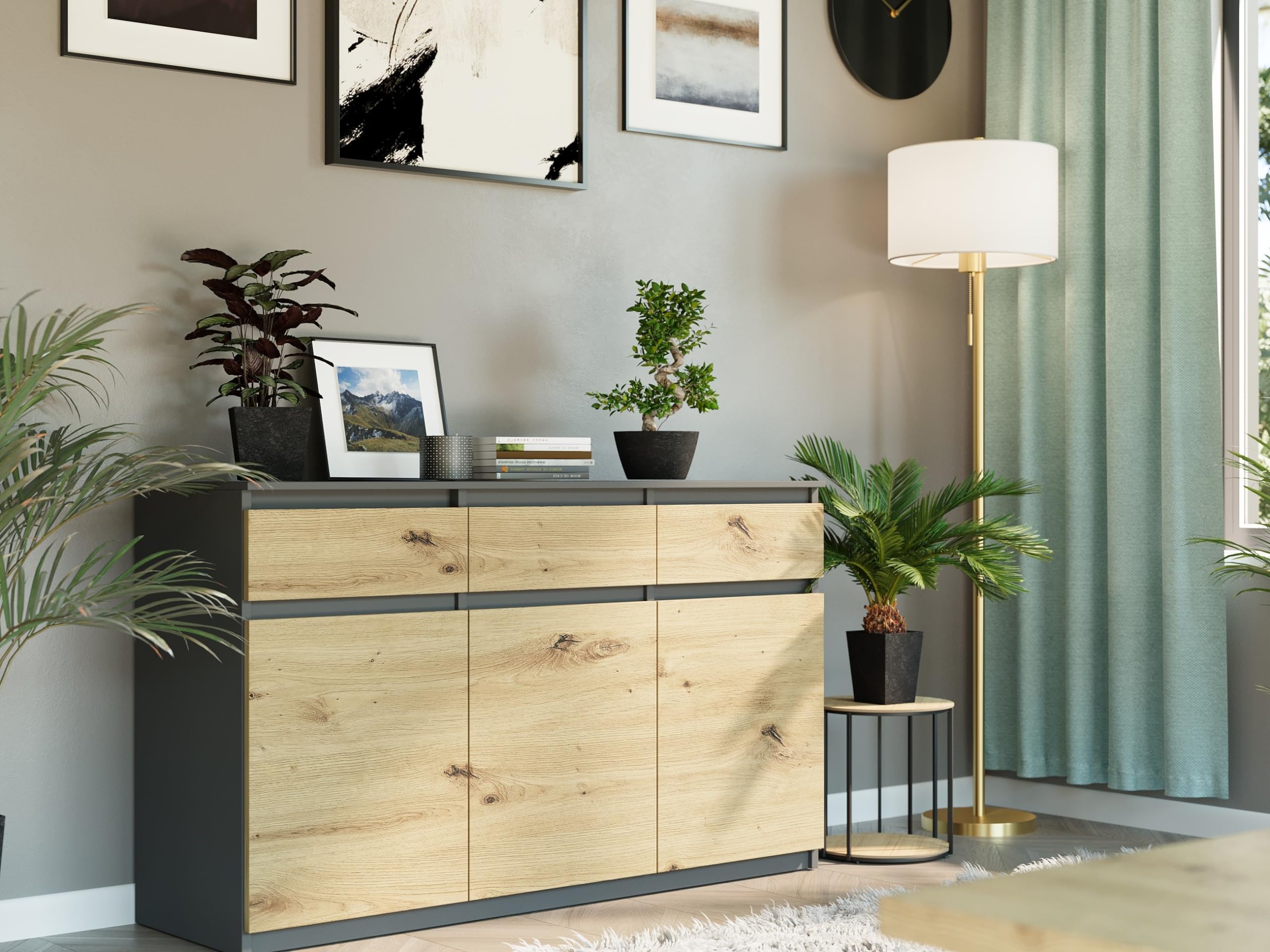 Highboard Anthrazit/Artisan Eiche 120x40x98 cm – 3-türige Kommode mit Schubladen, Sideboard für Wohnzimmer, Esszimmer & Schlafzimmer, modernes Schrankmöbel, Modern S-3