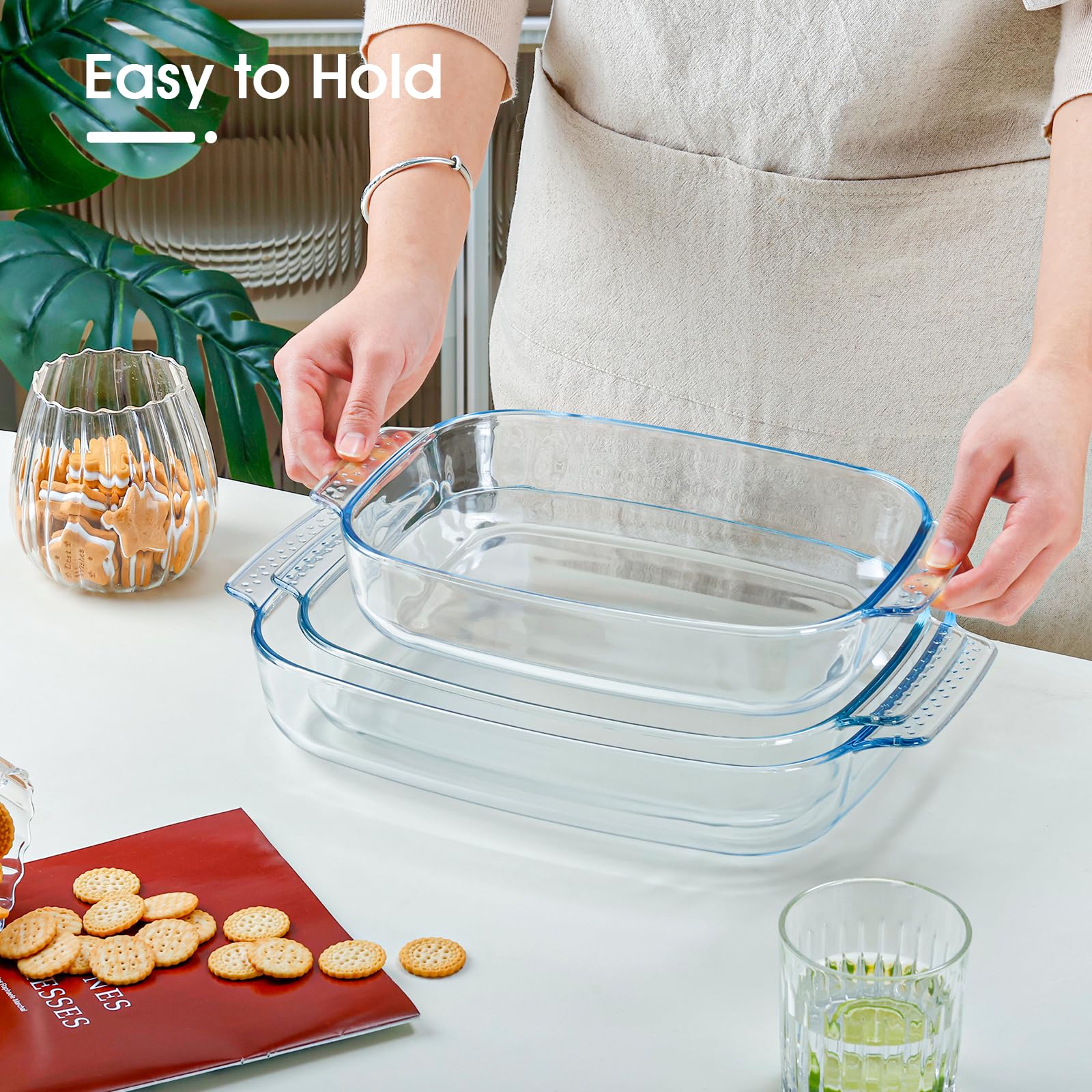 NUTRIUPS Glas-Backformen-Set für den Ofen, rechteckig, Backformen, Set mit 3 Backformen, Glas, Auflaufformen, stapelbar, platzsparend, 1,8 QT + 2,5 QT + 3,1 QT