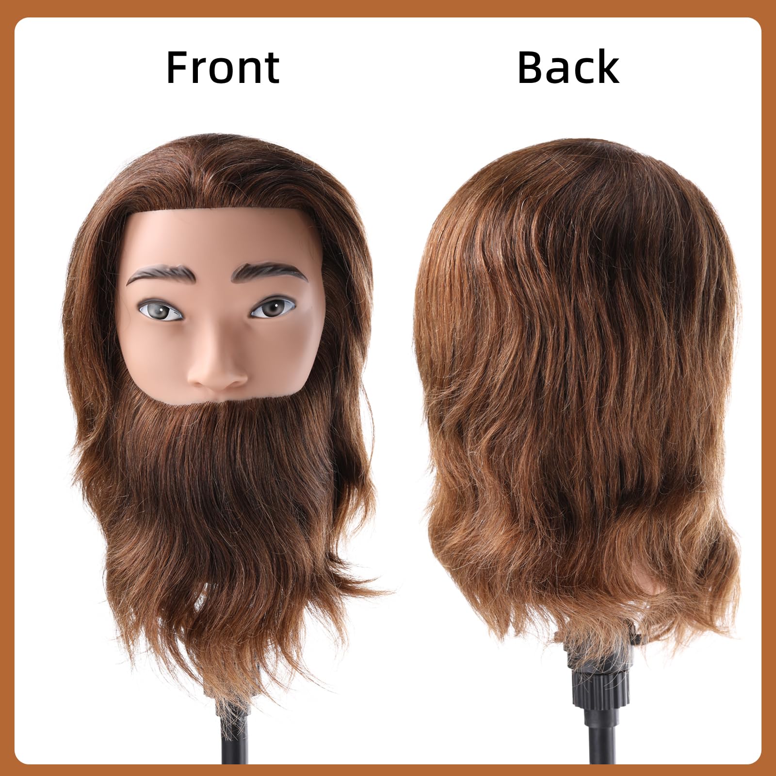 Mann Frisierkopf 100% Echthaar mit Bart Männlich Übungskopf Echthaar Friseur Kopf Puppenkopf Mannequin Kopf Mit Tischklemme + Kammsatz(19 Zoll)