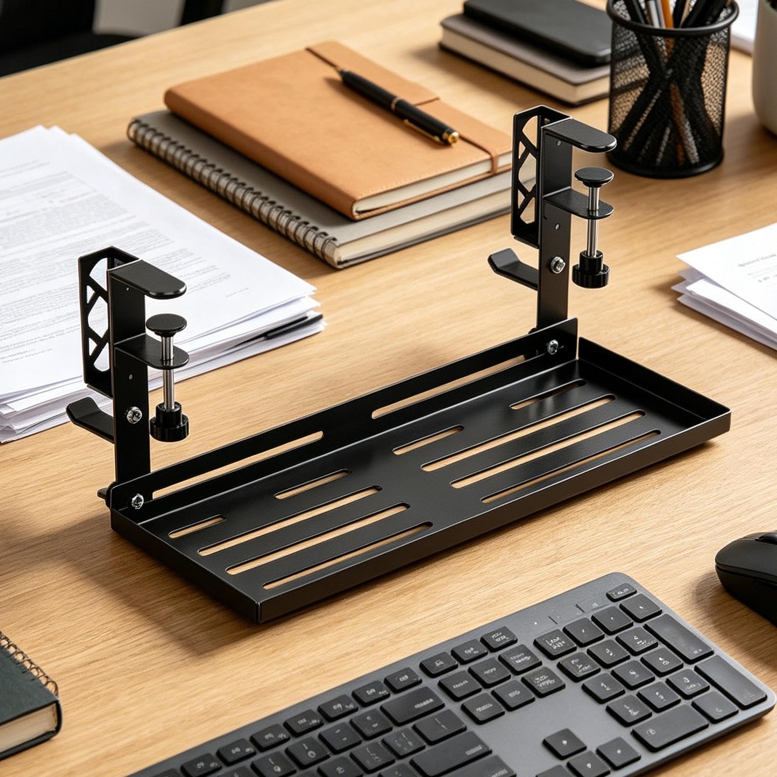 Tacka na kable pod biurko Bez wiercenia mocowanie zaciskowe 39,7 cm | Organizacja kabli na biurku do sypialni salonu jadalni przedpokoju domu mieszkania akademika biura gabinetu