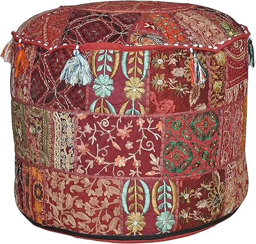 Miniatura 3 de Marusthali Indian Pouf Footstool Ethnic Embroidered Pouf Cover, Indian Cotton Round Pouffe Ottoman Pouf Cover Pillow Ethnic Decor Art - Cover Only