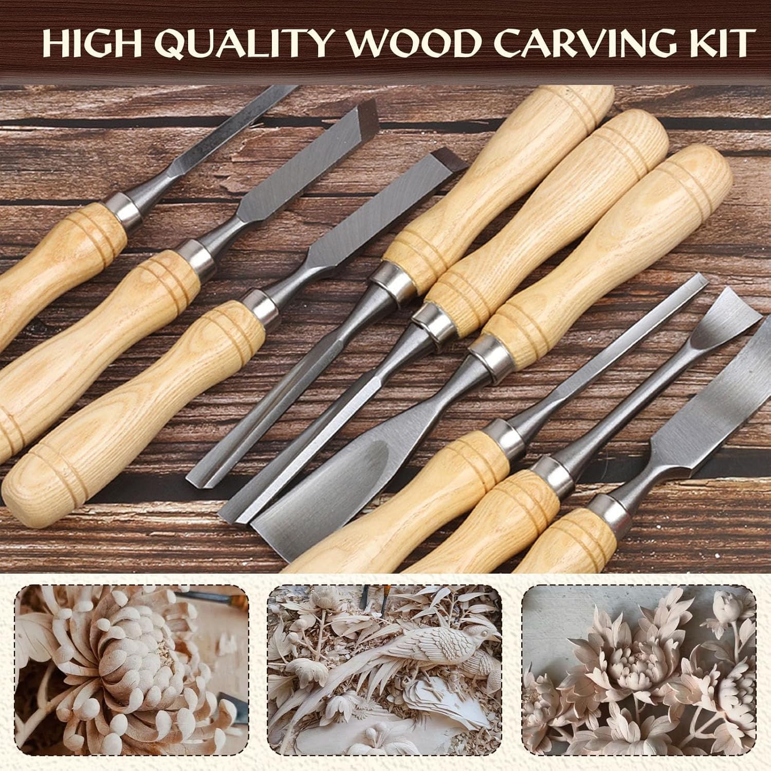 Juego de 12 herramientas de tallado de madera con cuchillas de acero 60Cr-V y caja de regalo de madera de alta calidad, juegos de cinceles de madera para principiantes y profesionales de carpintería