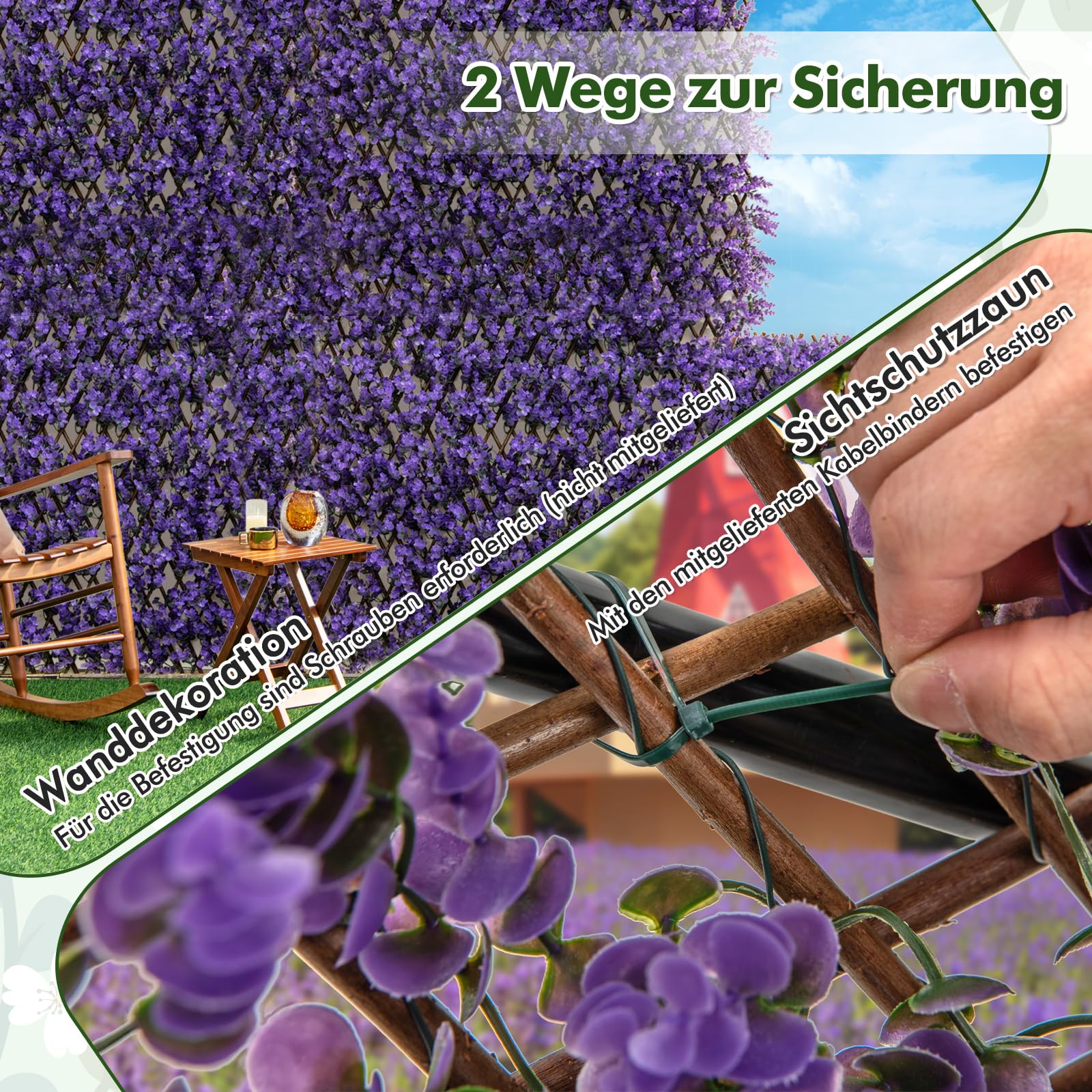 RELAX4LIFE erweiterbare Pflanzenwand, dekorativer Sichtschutzzaun aus künstlichem lila Eucalyptus, sonnenschützende deko Pflanzen Paneele für Garten & Balkon & Hauswand & Terrasen (Lila)