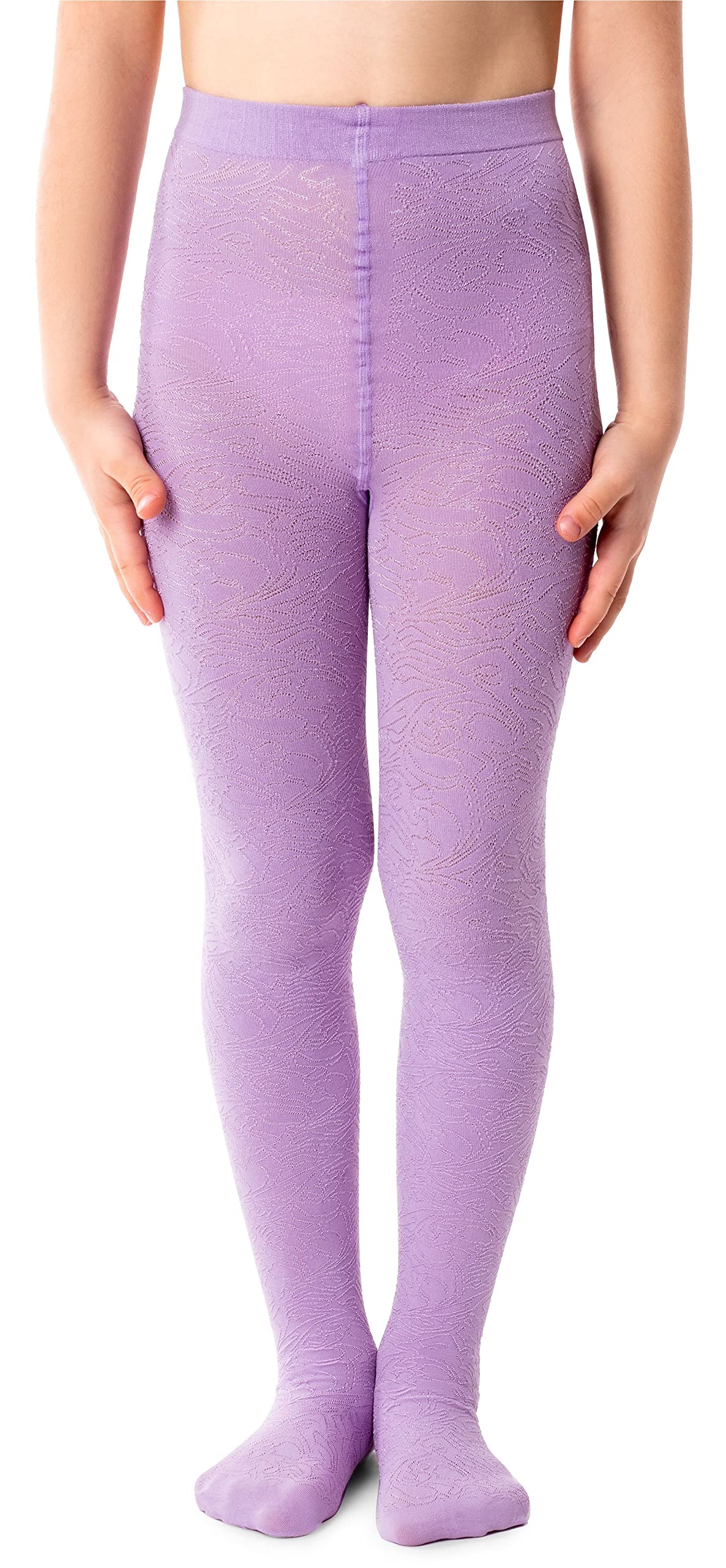 Noq Girls Nazca Lavende Tights With 3D Effect Pattern Plain Dance Gymnastic School Pantyhose Fancy Outfit Little Princess, 8-9 Years (128-134 Cm)