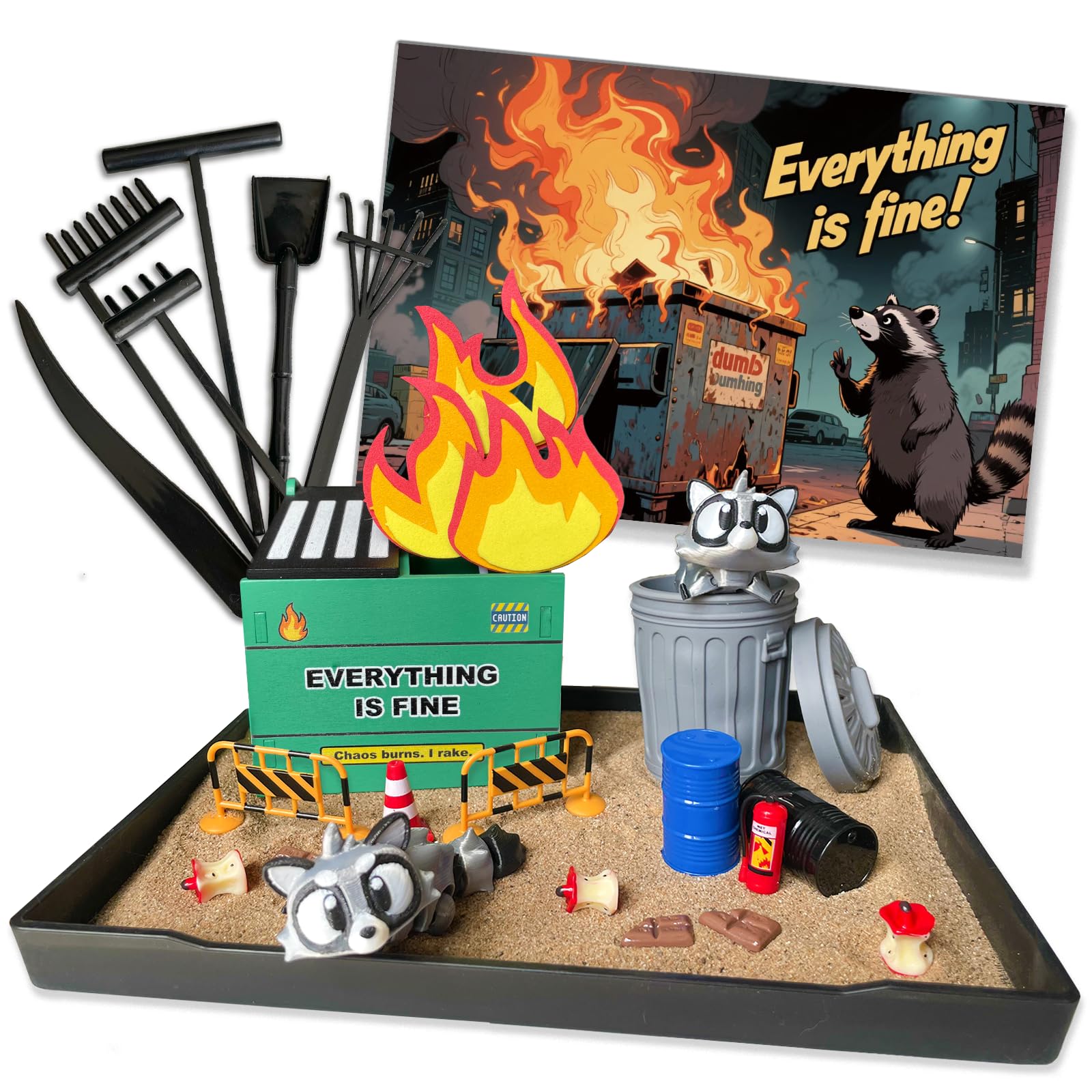 Dumpster Fire Zen Garden Desk Set - Trash Can Raccoon Figurines