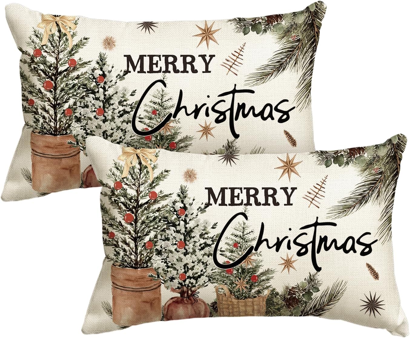 AVOIN colorlife Merry Christmas Eucalyptus Red Berries Throw Pillow Covers Set of 2, 12 x 20 Inch Pine Needle Winter Holiday Cushion Case Decoration for Sofa Couch 20" x 12" (Pack of 2)