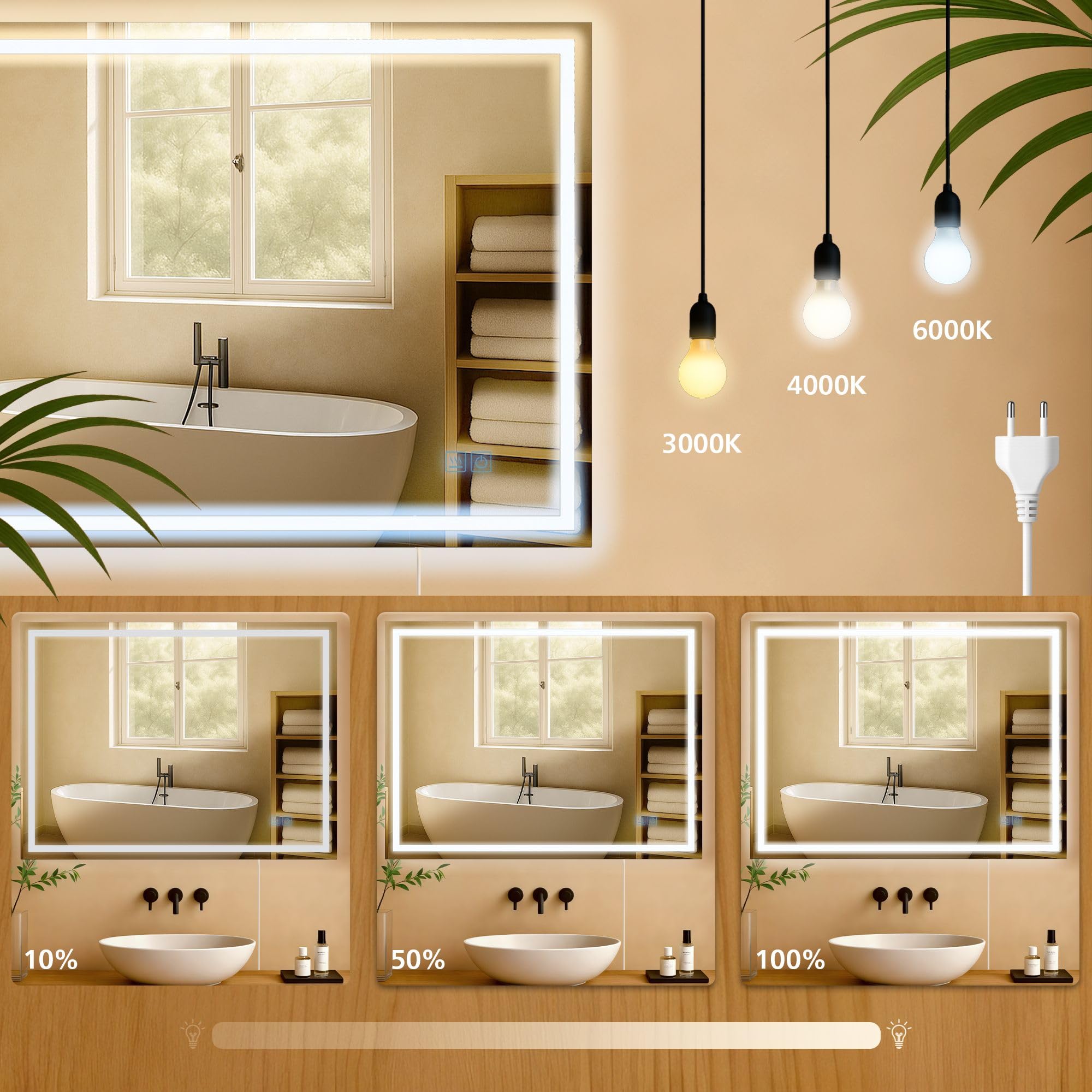 CLP Specchio da Bagno con Illuminazione Jaffrey, Specchio antiappannamento, Orientamento Orizzontale e Verticale, Specchio a Parete dimmerabile, Dimensione:70x100 cm