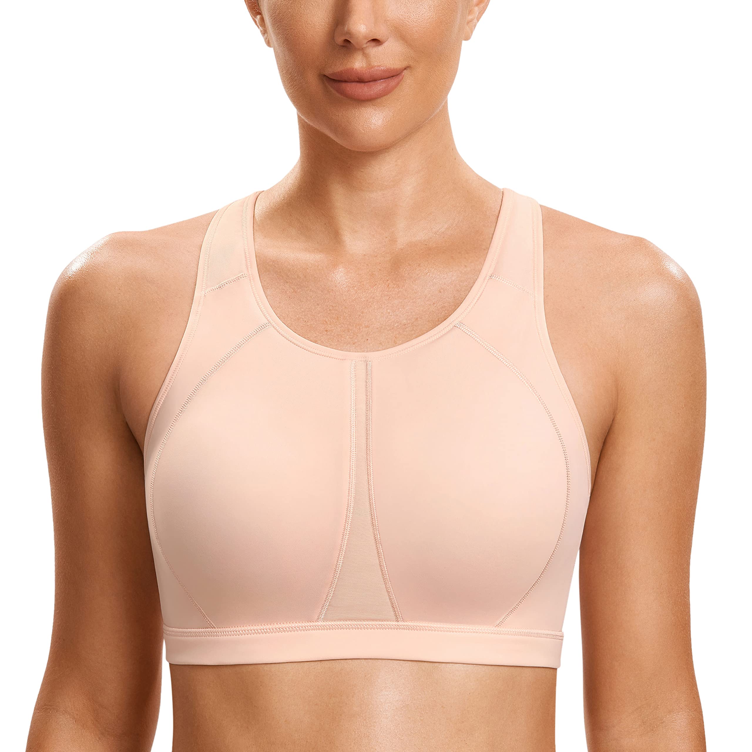 SYROKAN Women's Sports Bra for Large Breasts High Impact Full Coverage Padded Wireless Running Halter Neck Bra Marshmallow Pink 34E