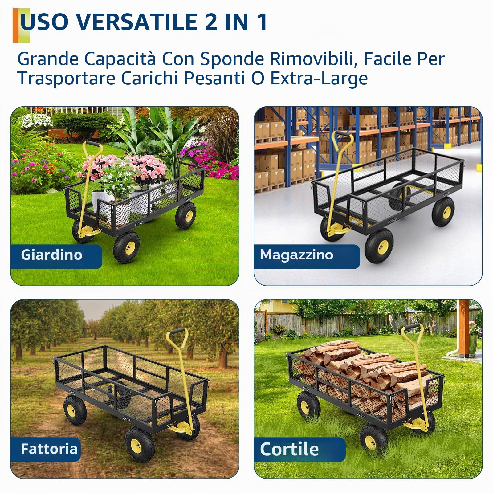 Garvee Carrello Giardino Multiuso Carichi Pesanti Da 900 Libbre – Sponde in Rete Rimovibili, Maniglia Regolabile, Pneumatici 10'', Ideale Per Prato, Campeggio, Fattoria