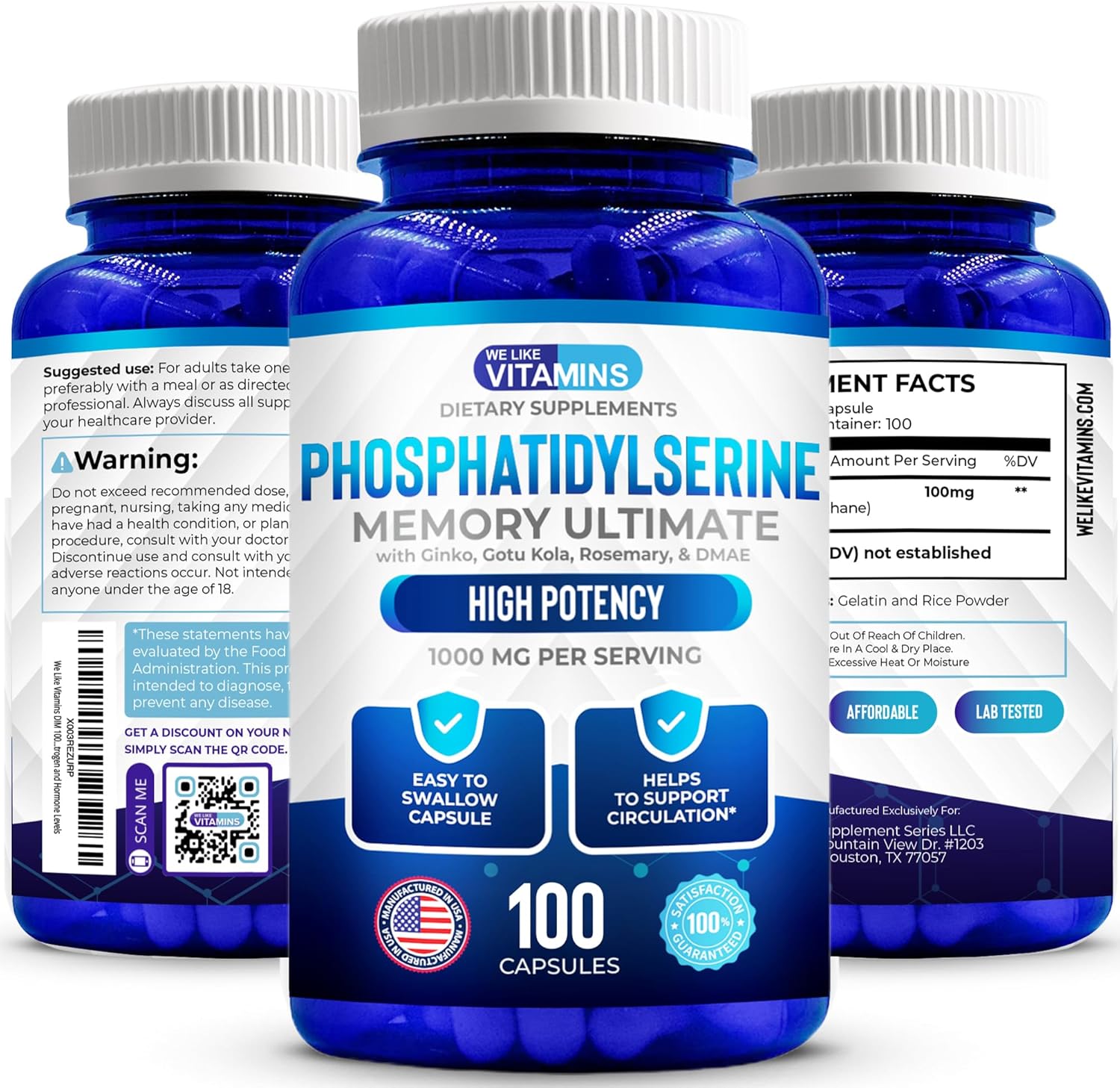 We Like Vitamins Phosphatidylserine Supplement with Gingko Biloba, Gotu Kola, DMAE - Improves Focus, Memory, Cognitive Function - Soy-Free 1000mg Memory Ultimate Complex - 100 Easy-to-Swallow Capsules