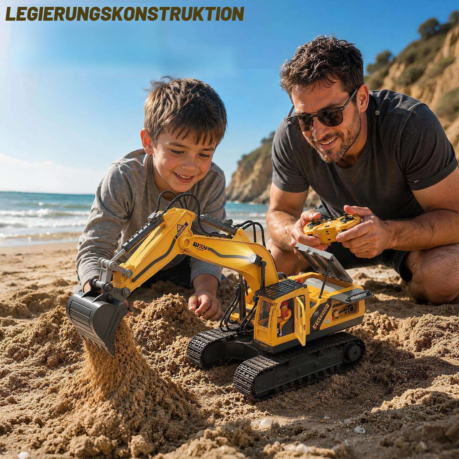 YESHIN RC Bagger, 15-Kanal Ferngesteuerter Metall Bagger mit Sandkasten Kasten & Modelliersand, Realistischer Kettenbagger mit Legierungsschaufel, Bagger Spielzeug Set Geschenk für Kinder ab 3 Jahren