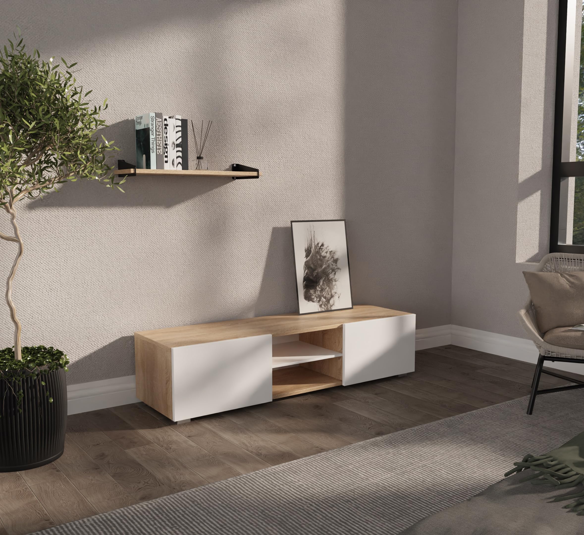 PLATAN ROOM TV Lowboard/Sideboard 140 cm breit Hängeschrank Fernsehschrank TV Kommode mit 2 Türen und offenem Fach in 5 Farbvarianten (Sonoma Eiche/Weiß Matt, 140 cm breit)