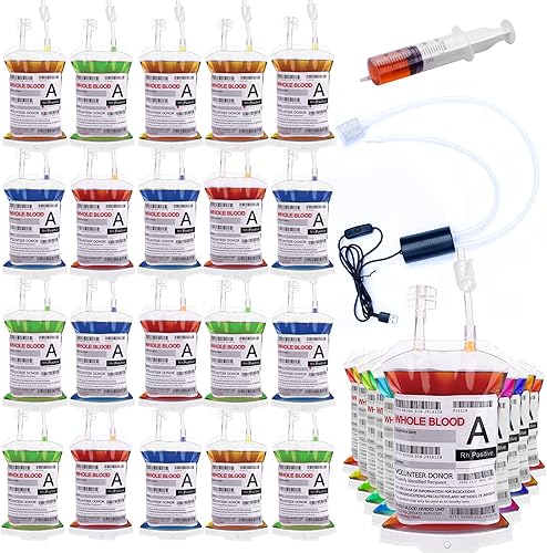 WYNK Vasos de decoración de fiesta de Halloween, 50 paquetes de bolsas de sangre IV para bebida, 11.5 onzas líquidas, viene con una bomba de